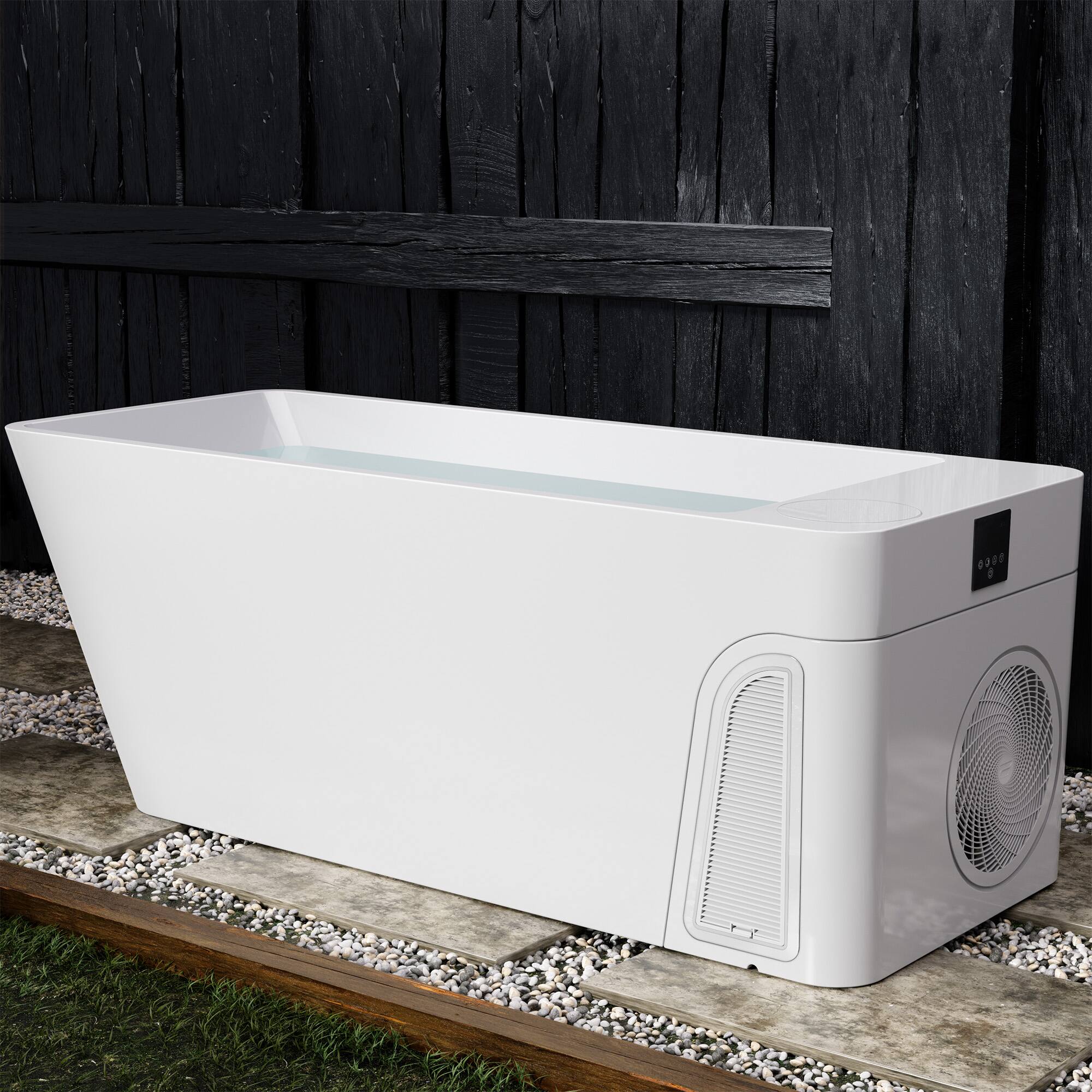 Angle. Empava - All-in-one 77 in. x 31.5 in. Cold Plunge Bathtub 2 Jets Ice Bath Tub W/ Insulation Lid - Chiller - Heater in White - White.