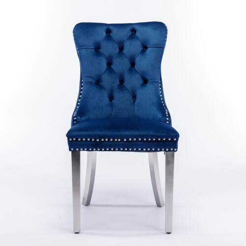 Angle. LUCKY ONE - Assembled Tufted Velvet Dining Chair Set of 2 with Chrome Stainless Steel Legs Nailhead Trim - Blue.