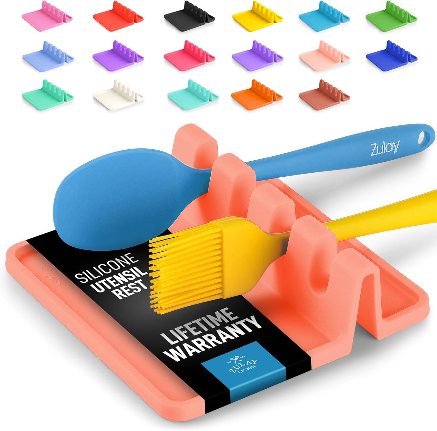 Zulay Kitchen - Silicone Utensil Rest with Drip Pad for Multiple Utensils - Heat-Resistant & Spoon Holder for Stove Top - Peach Bud