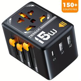 TESSAN - 15W Universal Travel Adapter with 1 USB-C Fast Charging & 2 USB-A - Black