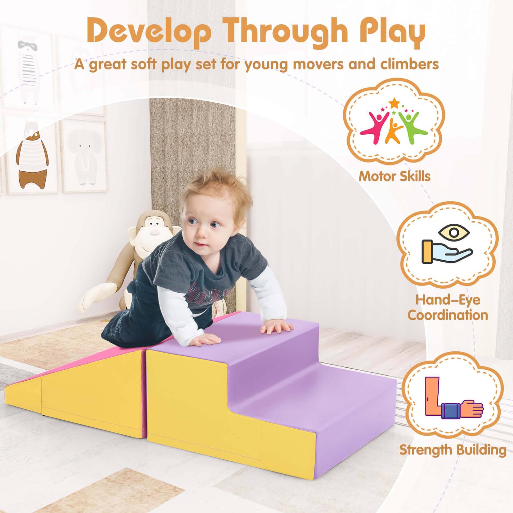 Develop Through Play  
A great soft play set for young movers and climbers  

Motor Skills  
Hand-Eye Coordination  
Strength Building