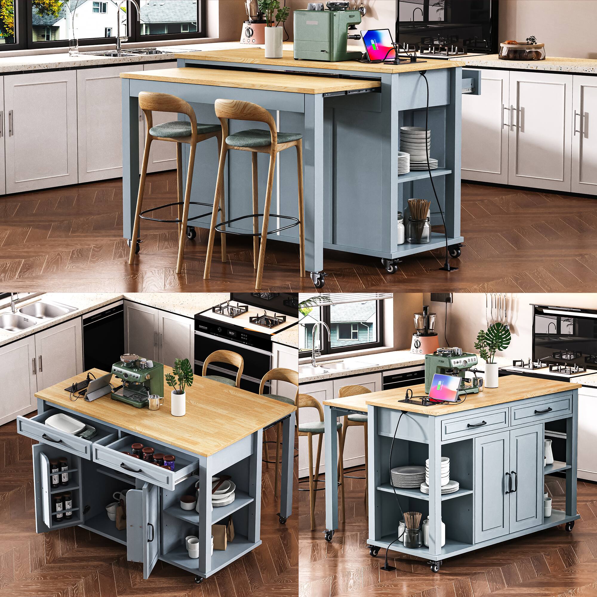 Alt View 2. Forest'nSky - 47 inch Rolling Kitchen Island with Storage, Rubber Wood Veneer Table, Power Outlet, Internal Rack, Grey Blue - Grey Blue.