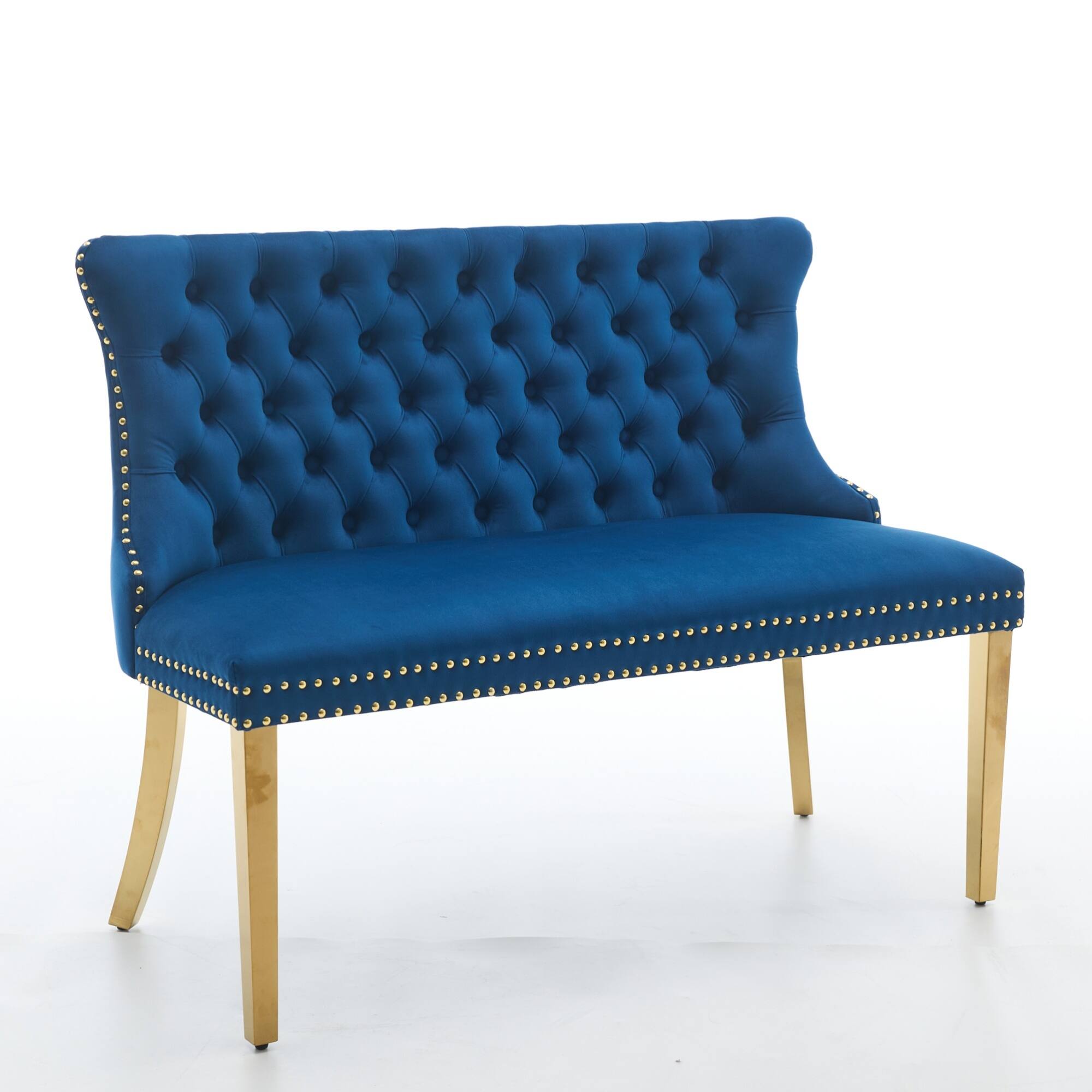 Back. GOODSILO - Velvet Tufted Double Seater Dining Bench with Gold Accent Legs for Kitchen and Dining Room Seating - Blue.