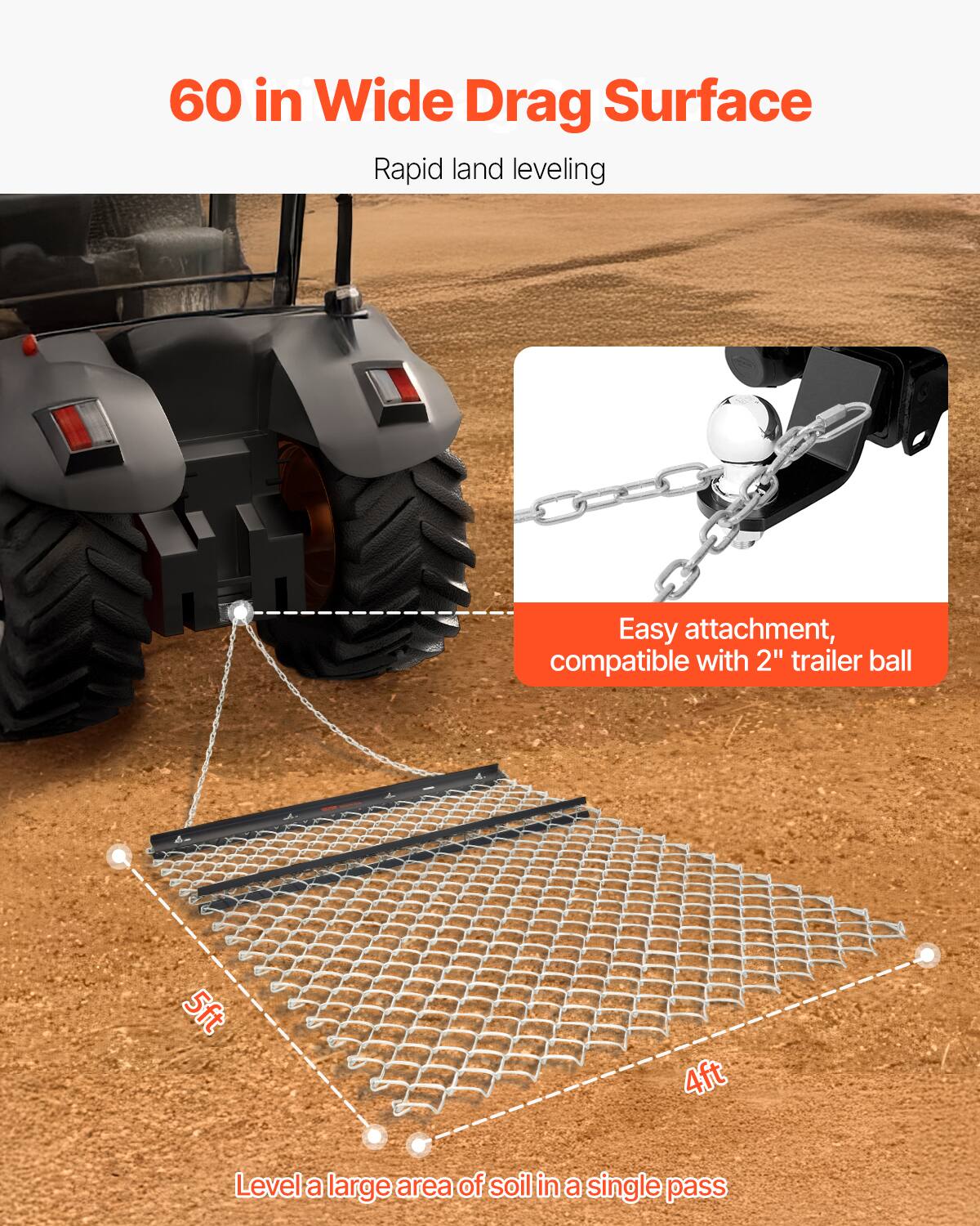 60 in Wide Drag Surface, Rapid land leveling, Easy attachment, compatible with 2" trailer ball, 5ft, 4ft, Level a large area of soil in a single pass