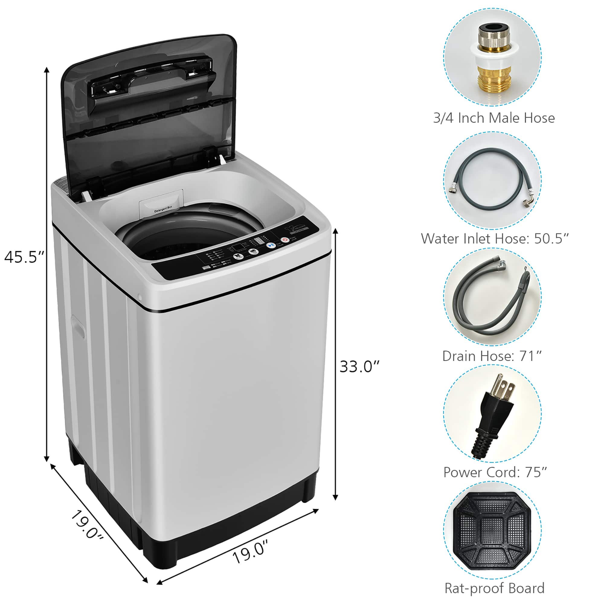 The image features a washing machine with a 3/4 inch male hose, a 45.5 inch water inlet hose, a 33.0 inch drain hose, and a 71 inch power cord. Additionally, there is a 19.0 inch rat-proof board included.
