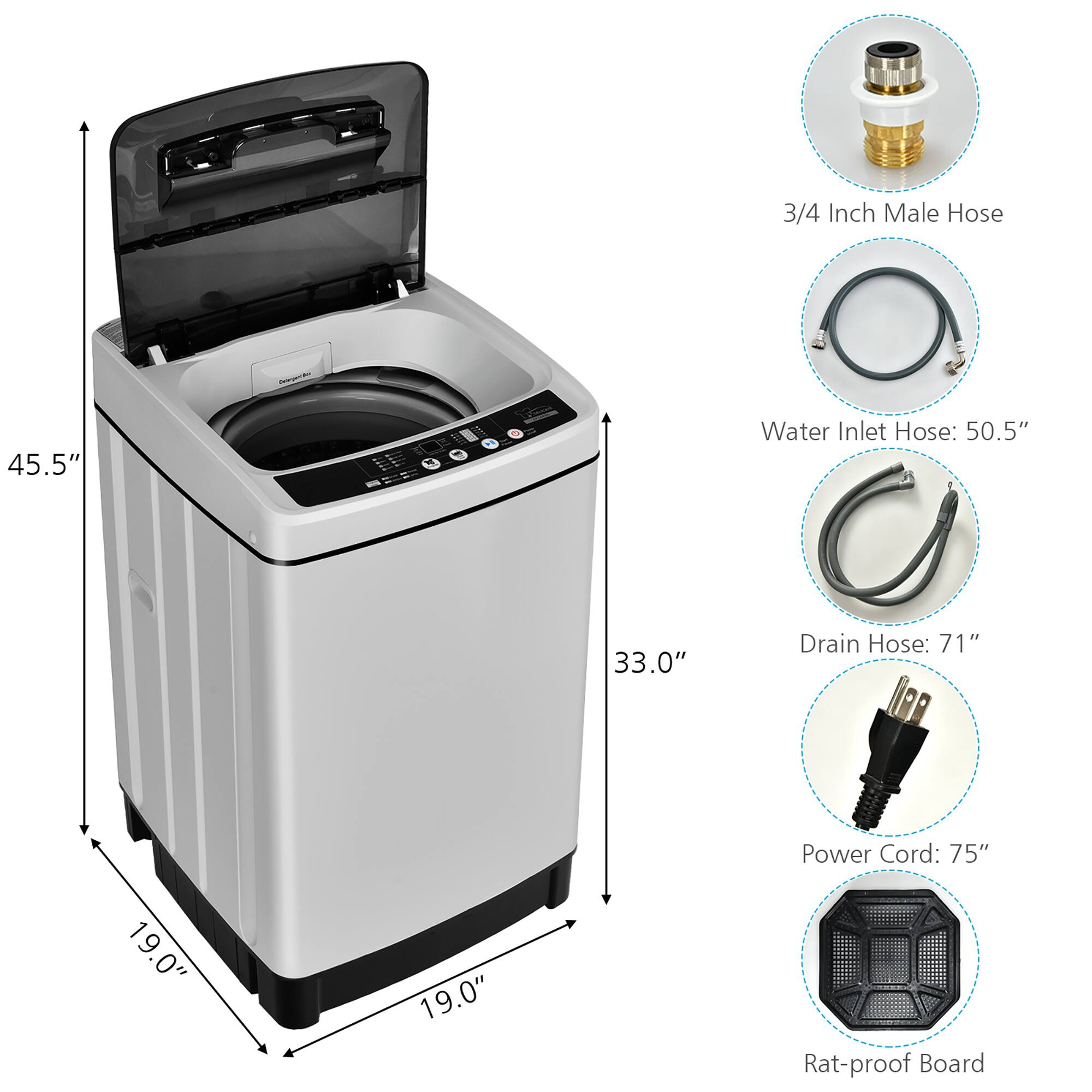 The image features a washing machine with a 3/4 inch male hose, a 45.5 inch water inlet hose, a 33.0 inch drain hose, and a 71 inch power cord. Additionally, there is a 19.0 inch rat-proof board included.