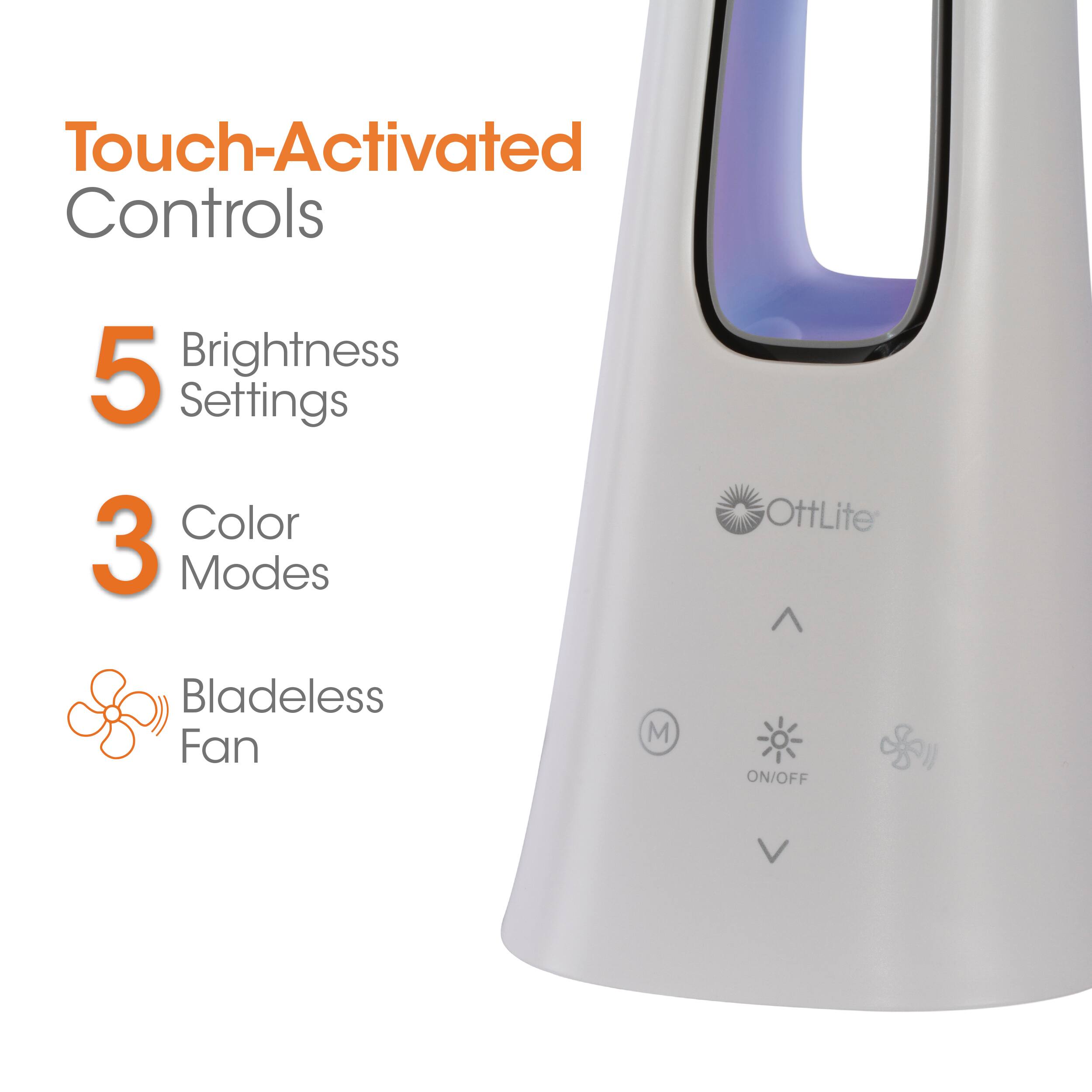 Touch-Activated Controls:

1. 5 Brightness Settings:
2. 3 Color Modes:
3. Bladeless Fan:
4. M ON/OFF