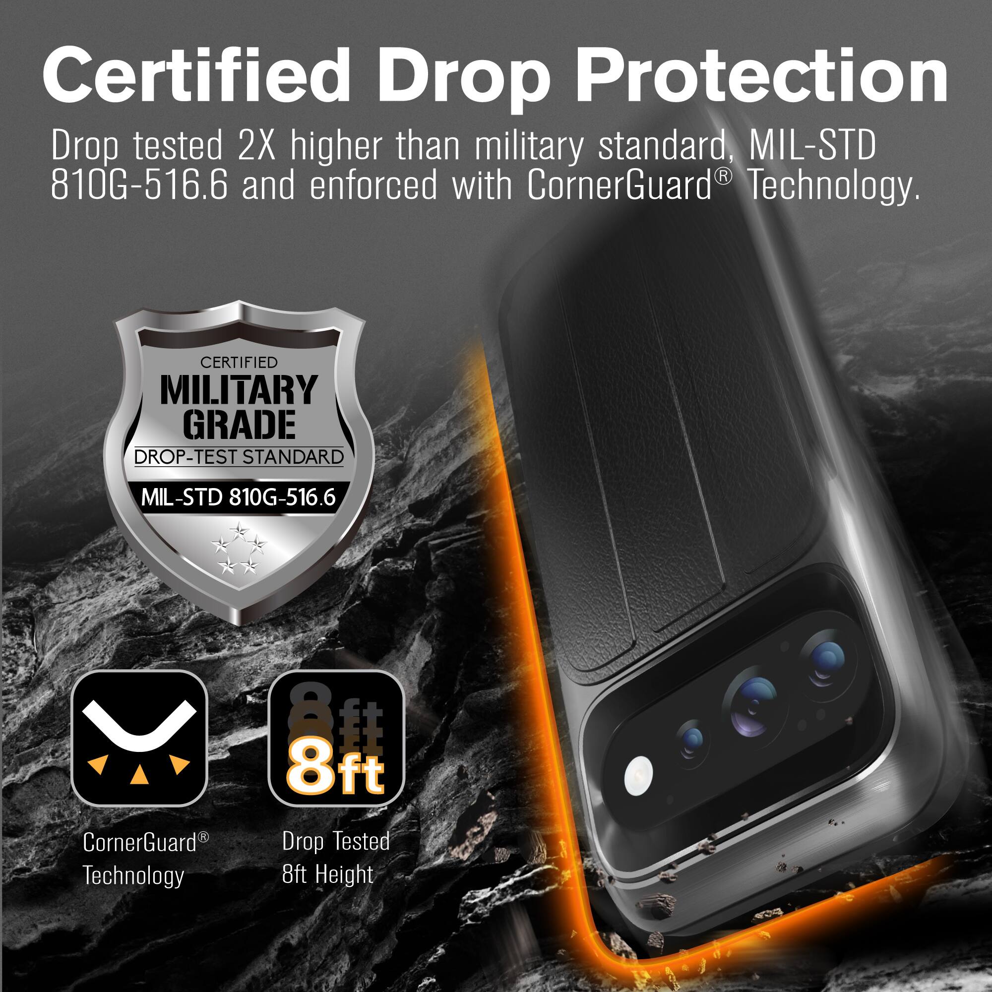 Certified Drop Protection  
Drop tested 2X higher than military standard, MIL-STD 810G-516.6 and enforced with CornerGuard® Technology.  

CERTIFIED MILITARY GRADE DROP-TEST STANDARD  
MIL-STD 810G-516.6  

CornerGuard® Technology  
8ft Drop Tested 8ft Height