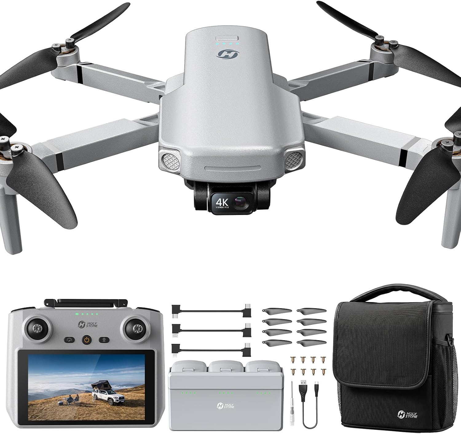 Holy Stone - HS360G 4K GPS Drone, 3-Axis Gimbal, Screen Remote, 3 Batteries