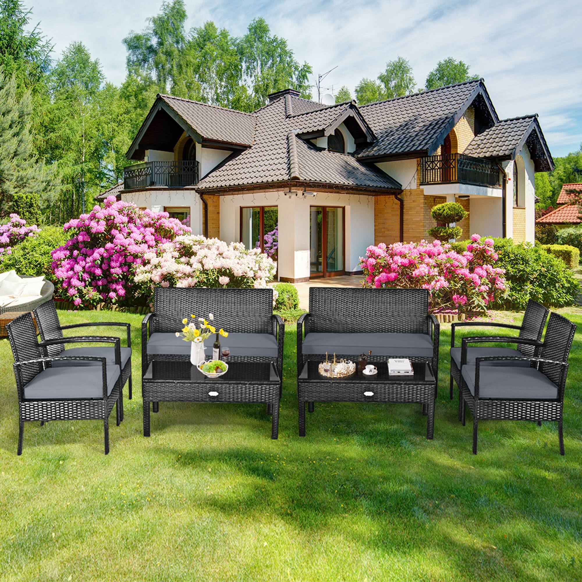 Gymax - 8PCS Patio Wicker Rattan Conversation Set Outdoor Furniture Set w/ Cushion - Black