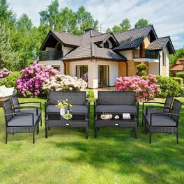 Gymax - 8PCS Patio Wicker Rattan Conversation Set Outdoor Furniture Set w/ Cushion - Black