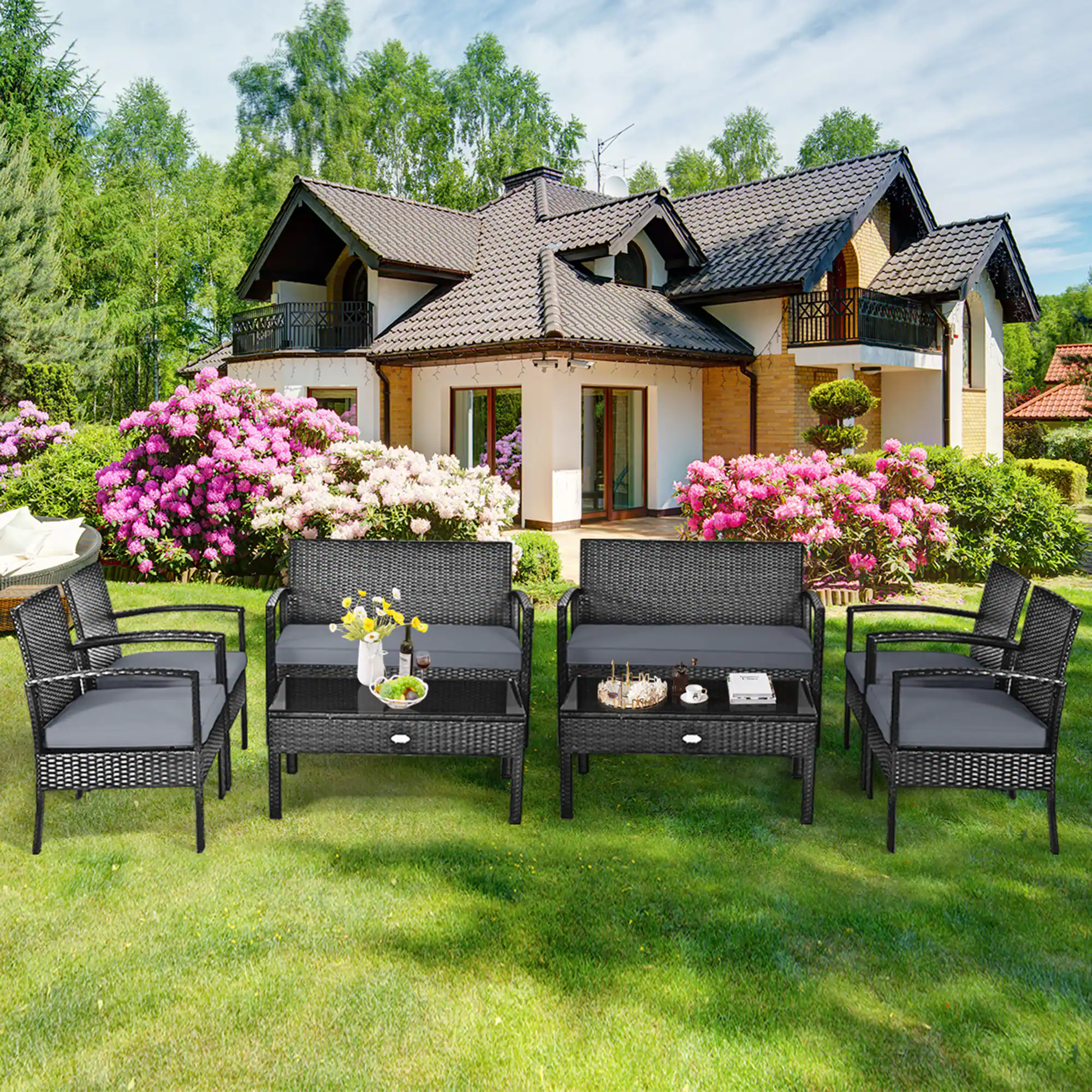Front. Gymax - Gymax 8PCS Patio Wicker Rattan Conversation Set Outdoor Furniture Set w/ Cushion - Black.