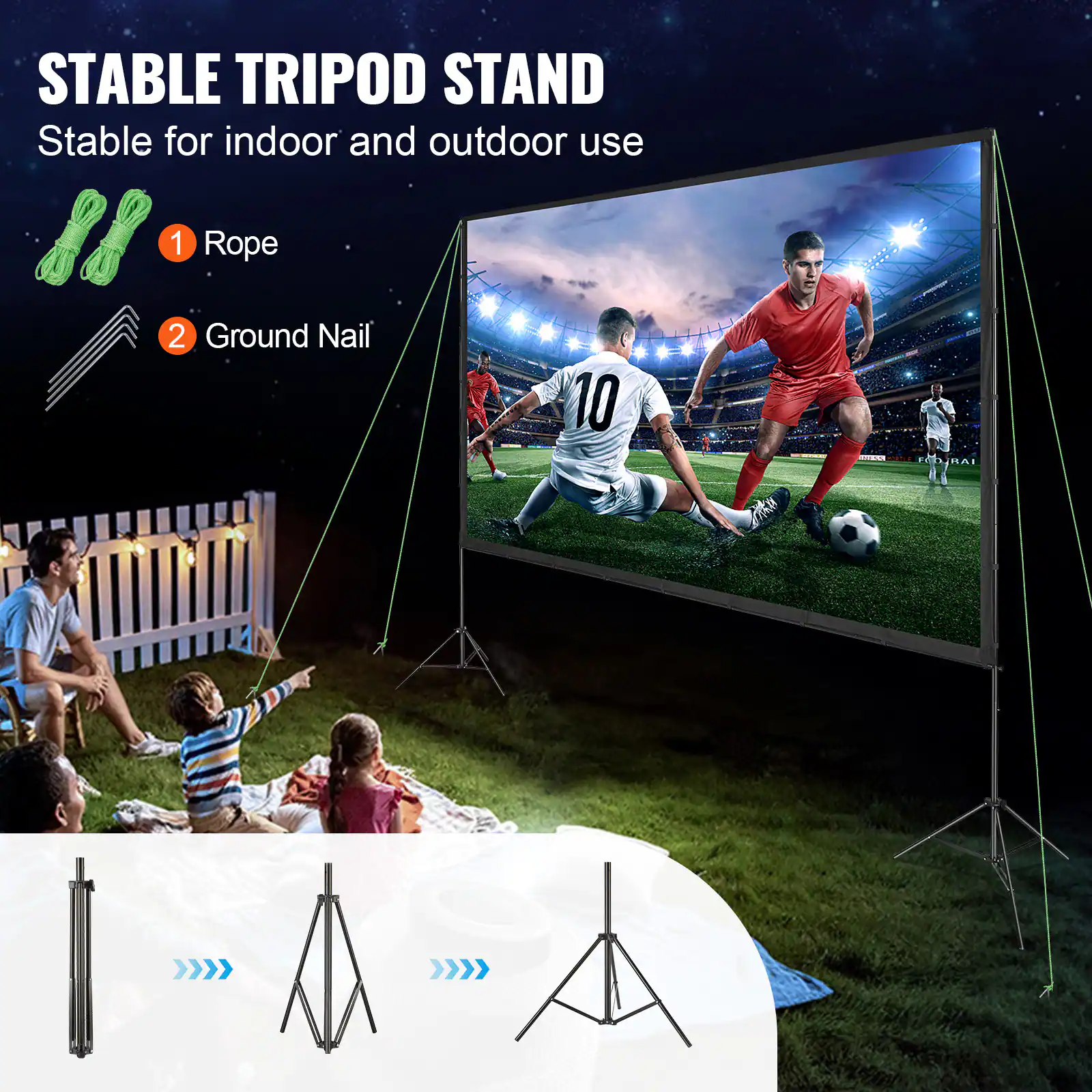 STABLE TRIPOD STAND
Stable for indoor and outdoor use
1 Rope
2 Ground Nail
10