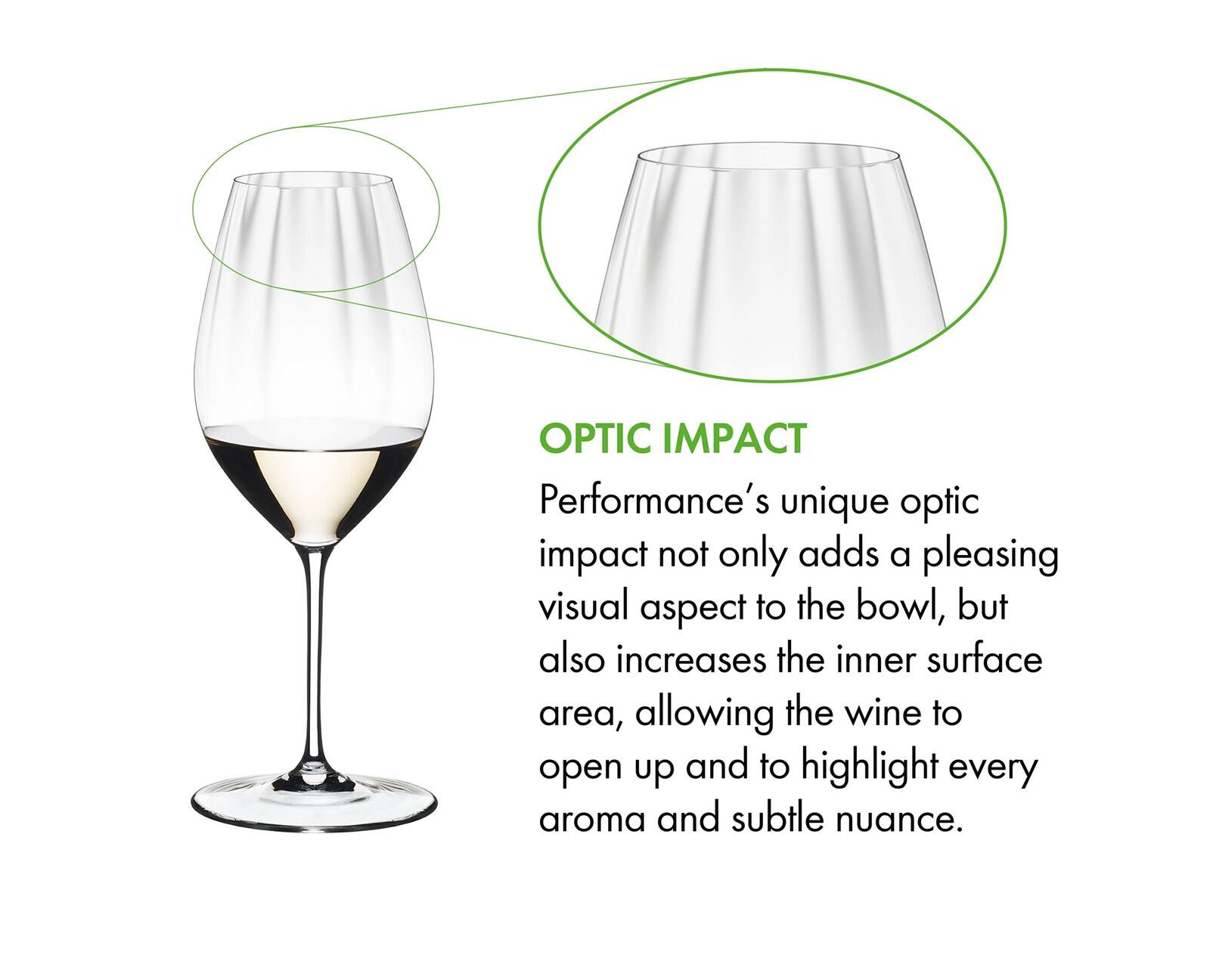 OPTIC IMPACT

Performance's unique optic impact not only adds a pleasing visual aspect to the bowl, but also increases the inner surface area, allowing the wine to open up and to highlight every aroma and subtle nuance.