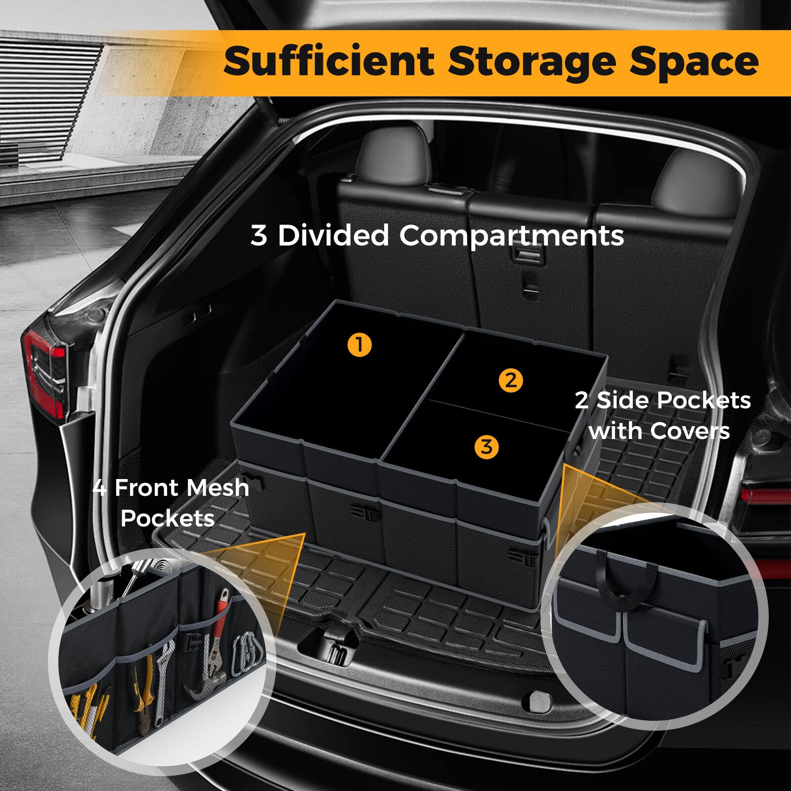 Sufficient Storage Space  
3 Divided Compartments  
2 Side Pockets with Covers  
4 Front Mesh Pockets