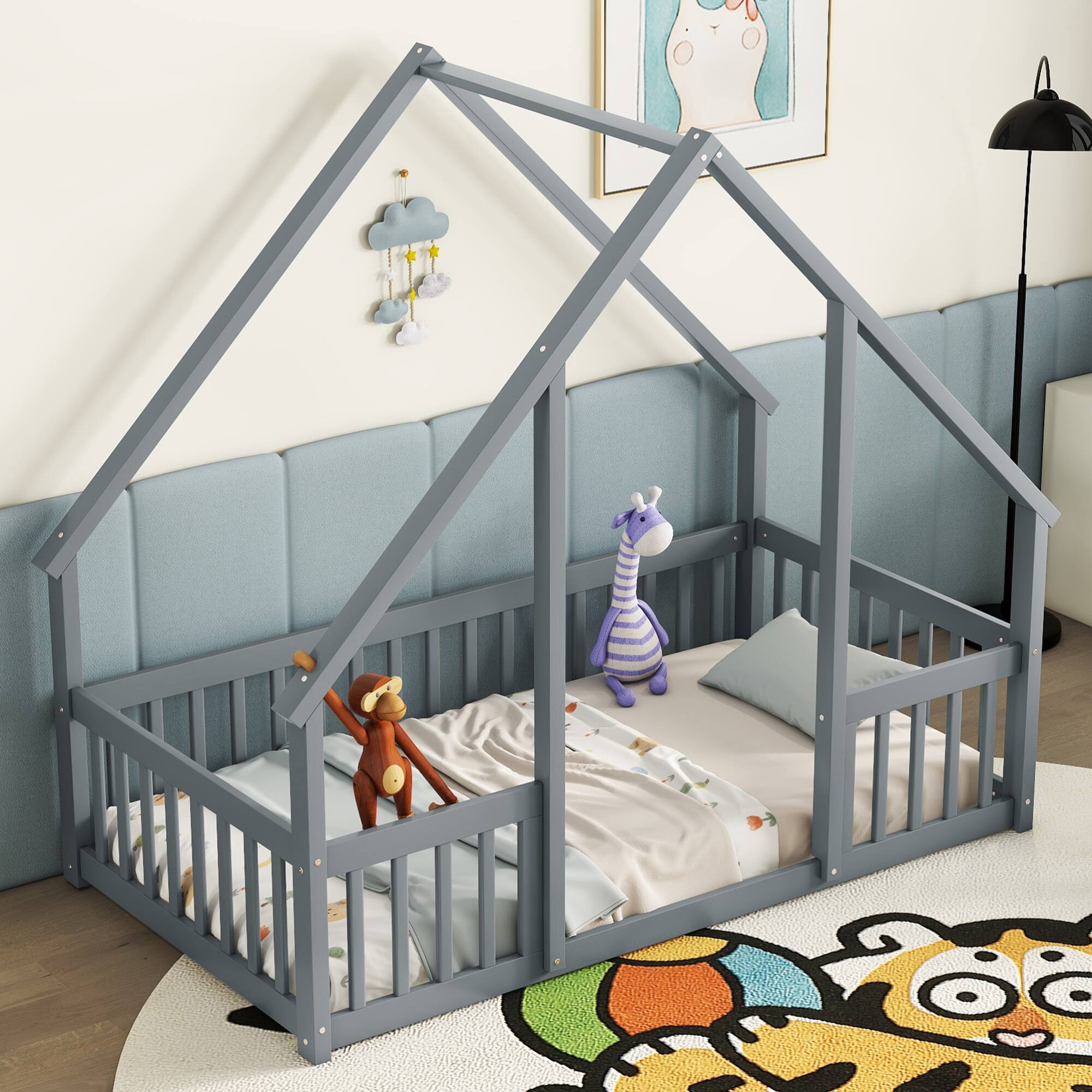 Alt View 4. GOODSILO - House-Shaped Twin Floor Bed with Safety Fence and Guardrails for Children's Playful Sleep Space - Grey.