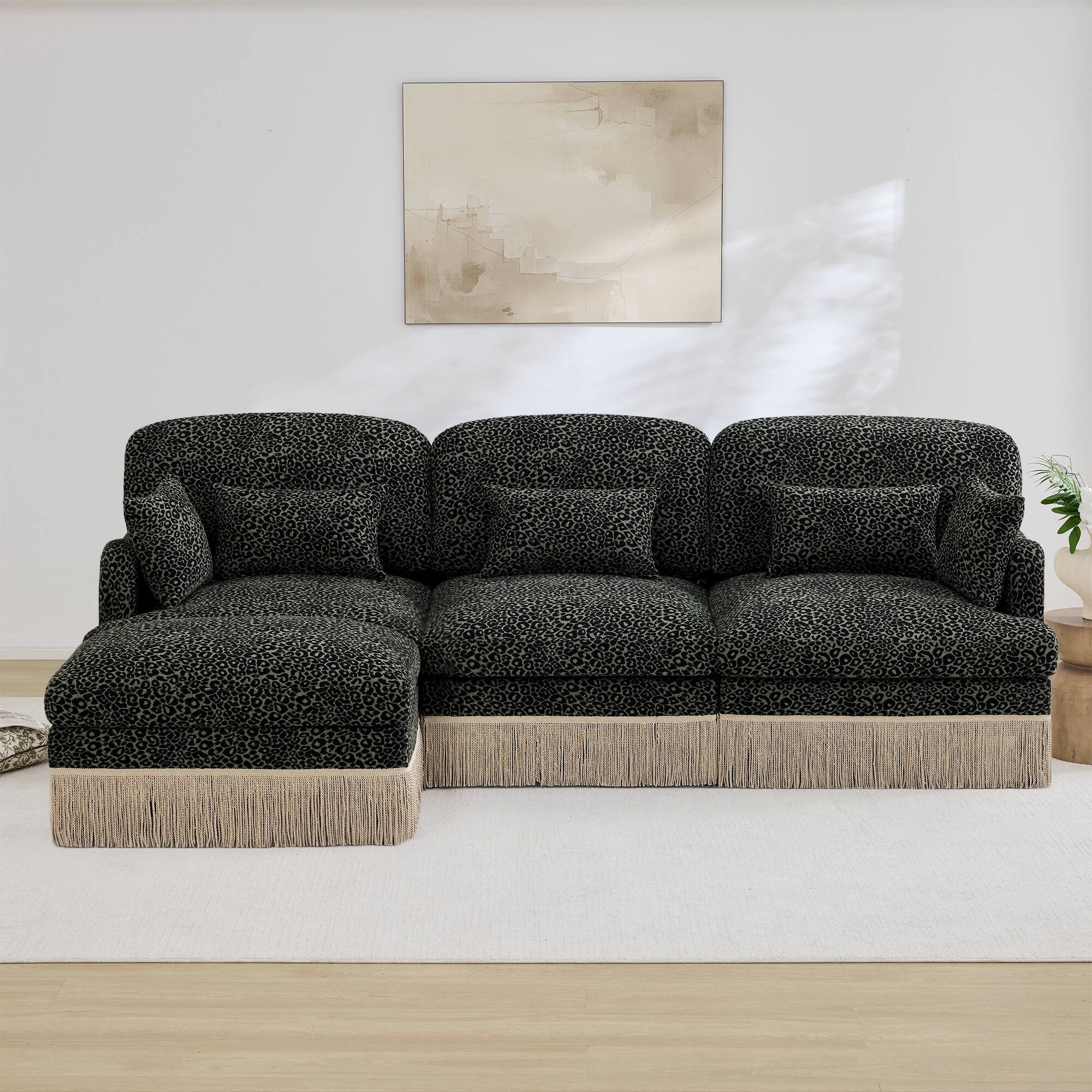 Angle. Anysun - Modern Fashion Style L-Shaped Chenille Leopard Print Sofa with Movable Ottoman & Tassel Edge, Easy Assembly, Deep Seat - Green.