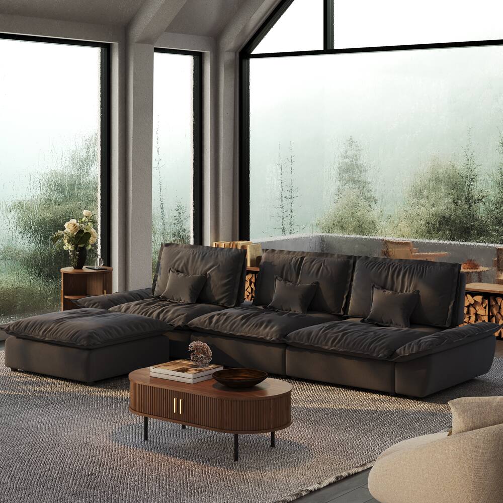 Left. POVISON - 141.73" Sailboat Deep Sofa Stain Resistant Cozy Couch with Ottoman - Gray Suede Fabric.