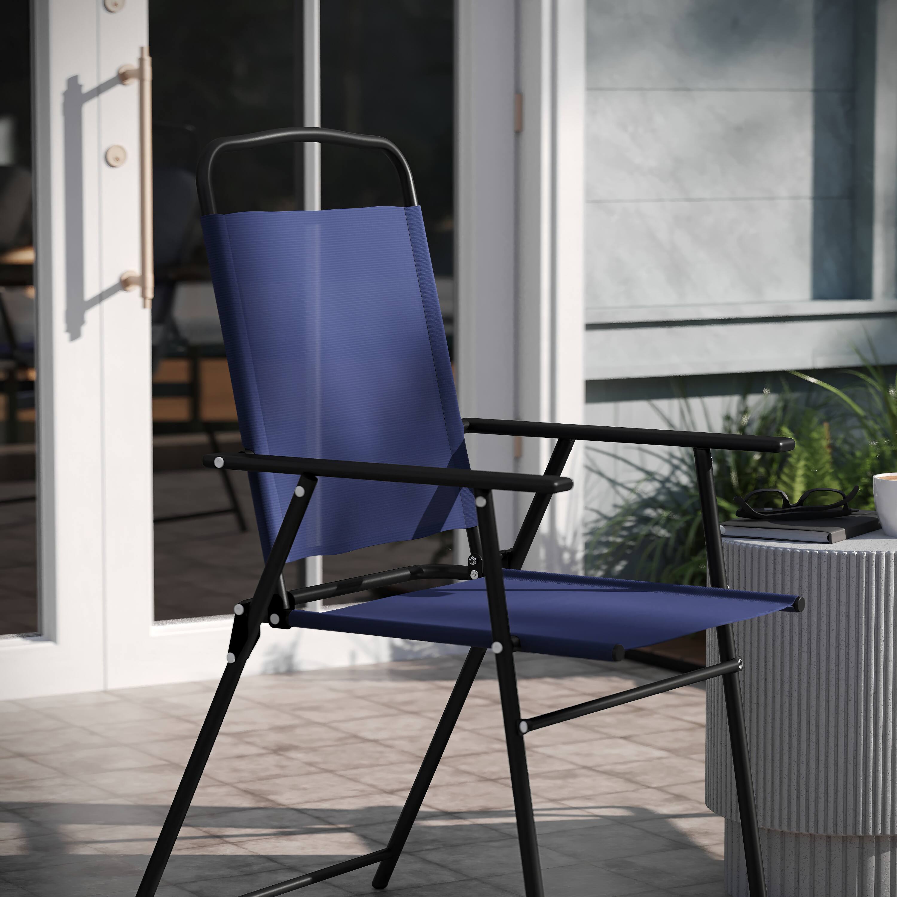 Alt View 5. Emma + Oliver - Munroe Set of 4 Textilene Folding Sling Style Patio Chairs with Armrests - Navy.