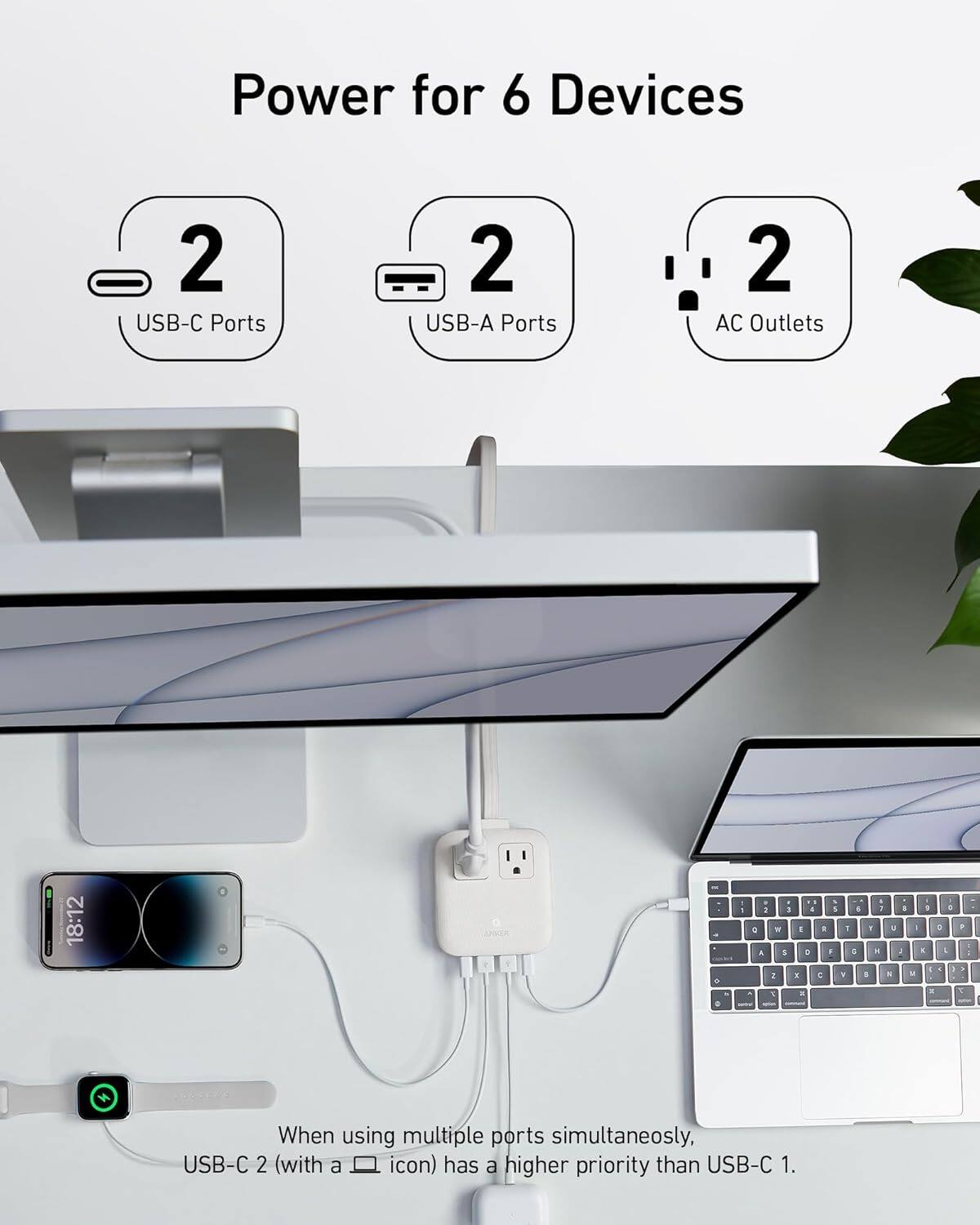 Power for 6 Devices

- 2 USB-C Ports
- 2 USB-A Ports
- 2 AC Outlets

When using multiple ports simultaneously, USB-C 2 (with a square icon) has a higher priority than USB-C 1.