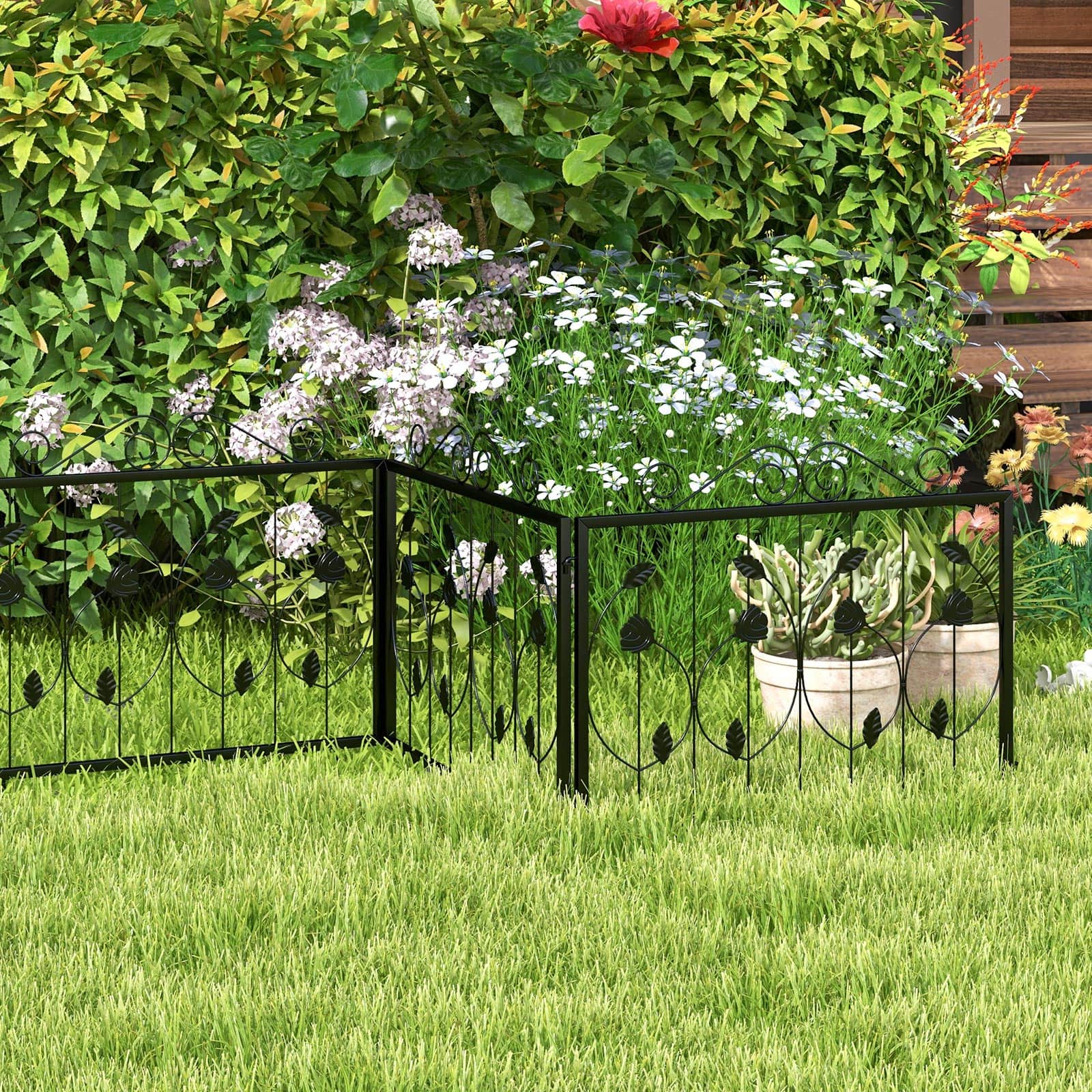 SlickBlue - Decorative Garden Fence with 8 Panels and Animal Barrier Design - Black