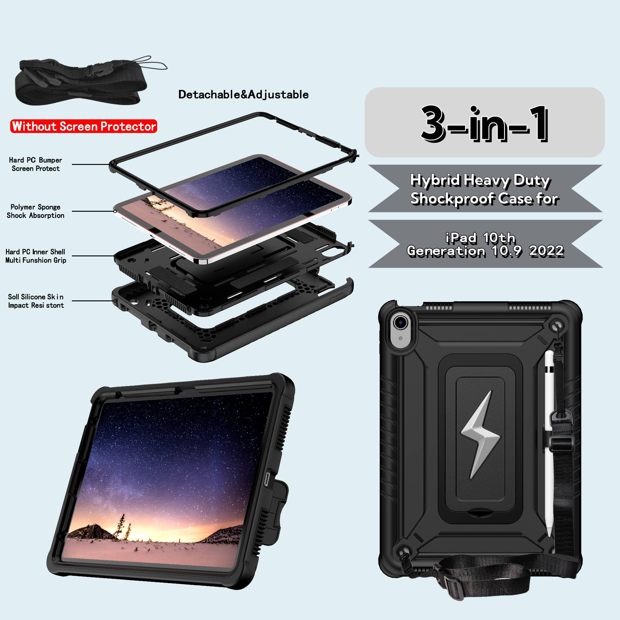 Detachable & Adjustable Without Screen Protector Hard PC Bumper Screen Protect Polymer Sponge Shock Absorption 3-in-1 Hybrid Heavy Duty Shockproof Case for Hard PC Inner Shell Multi Function Grip iPad 10th Generation 10.9 2022 Soll Silicone Skin Impact Resistant