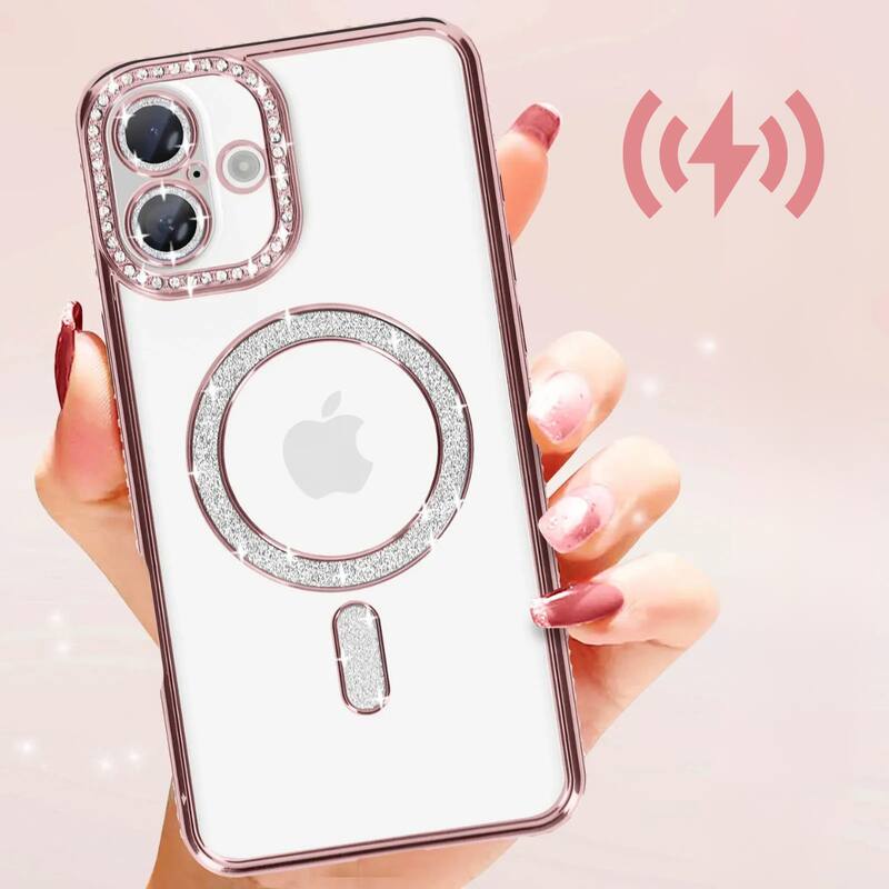 Alt View 3. Entronix - Entronix Magnetic Case for iPhone 17 - Clear Back with Luxury Rhinestones - Pink.