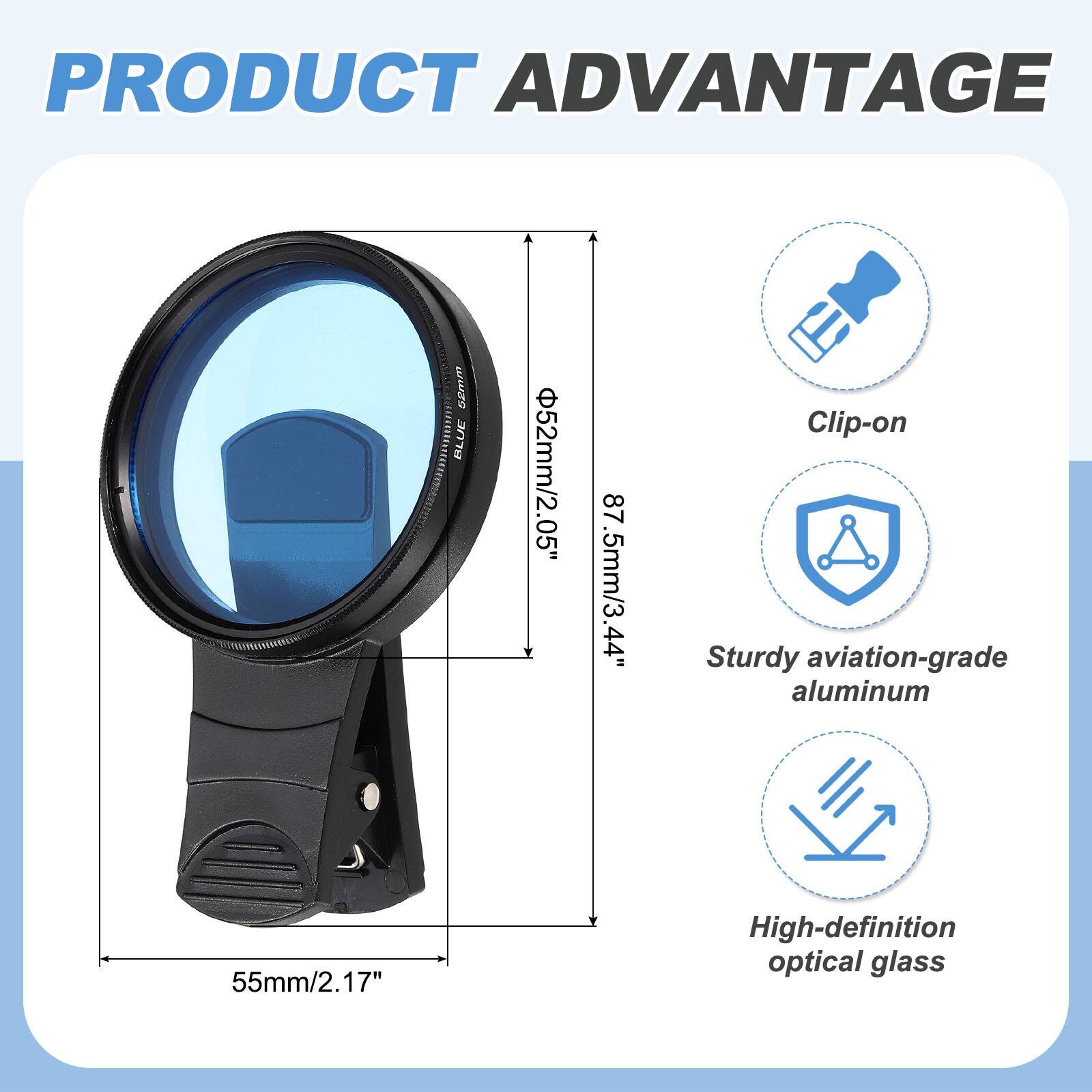 PRODUCT ADVANTAGE

- Clip-on
- Sturdy aviation-grade aluminum
- High-definition optical glass

- 52mm/2.05"
- 87.5mm/3.44"
- 55mm/2.17"
