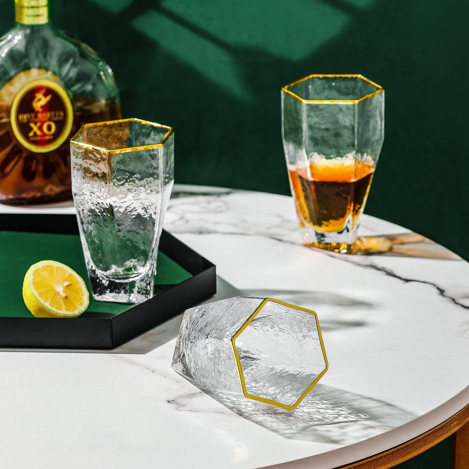 Alt View 3. BreeBe - Gold Rimmed Hammer Hexagon Glass (set of 4) - Clear.