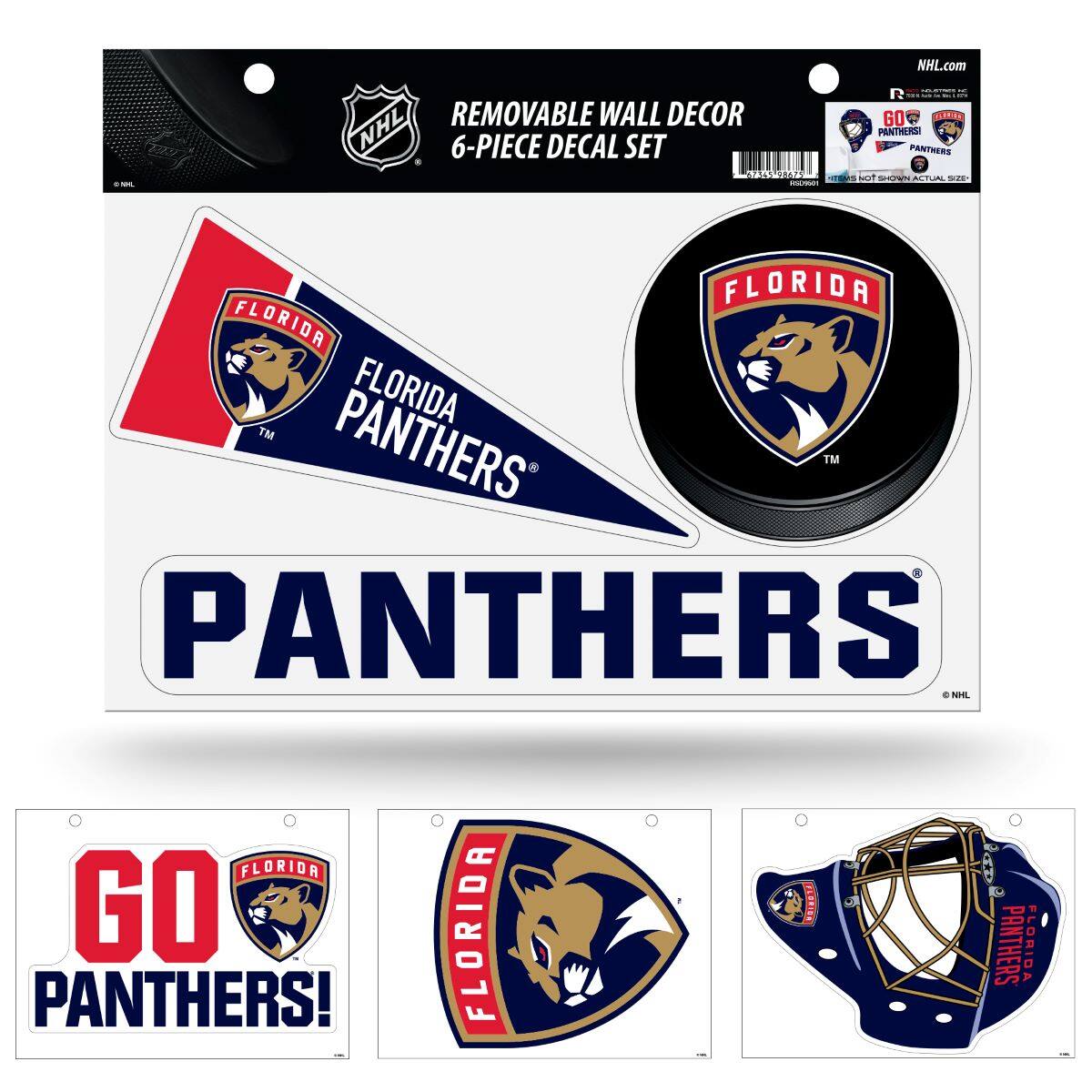 NHL.com  
REMOVABLE WALL DECOR  
6-PIECE DECAL SET  

FLORIDA PANTHERS  
PANTHERS  

GO PANTHERS!  

FLORIDA PANTHERS  

FLORIDA PANTHERS  

FLORIDA PANTHERS  

NHL.com  
© NHL
