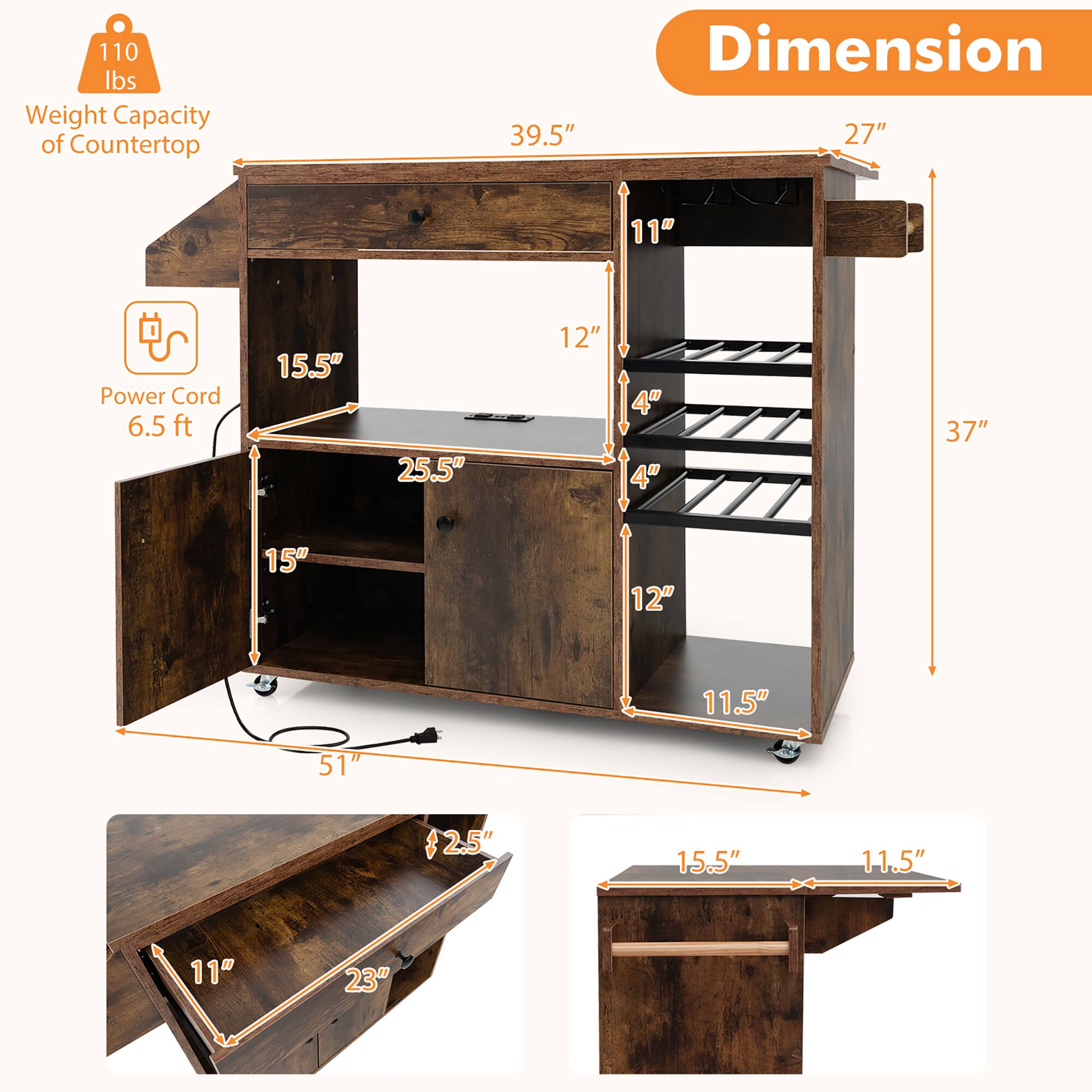 110 lbs Weight Capacity of Countertop  
39.5" Dimension  
27"  
11"  
Power Cord 6.5 ft  
15.5"  
25.5"  
12"  
4"  
4"  
37"  
15"  
11.5"  
51"  
2.5"  
15.5"  
11.5"  
11"  
23"