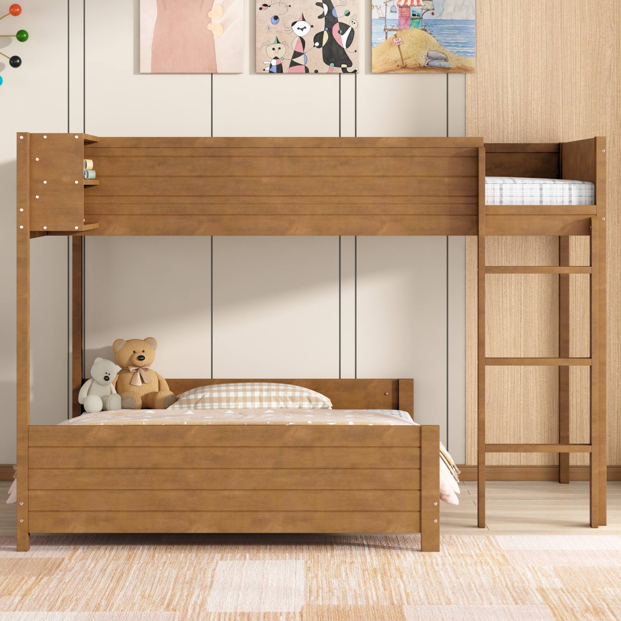 Left. Whisen - Full XL over Full XL Bunk Bed with Built-in Storage Shelf and 3-Step Ladder - Walnut.