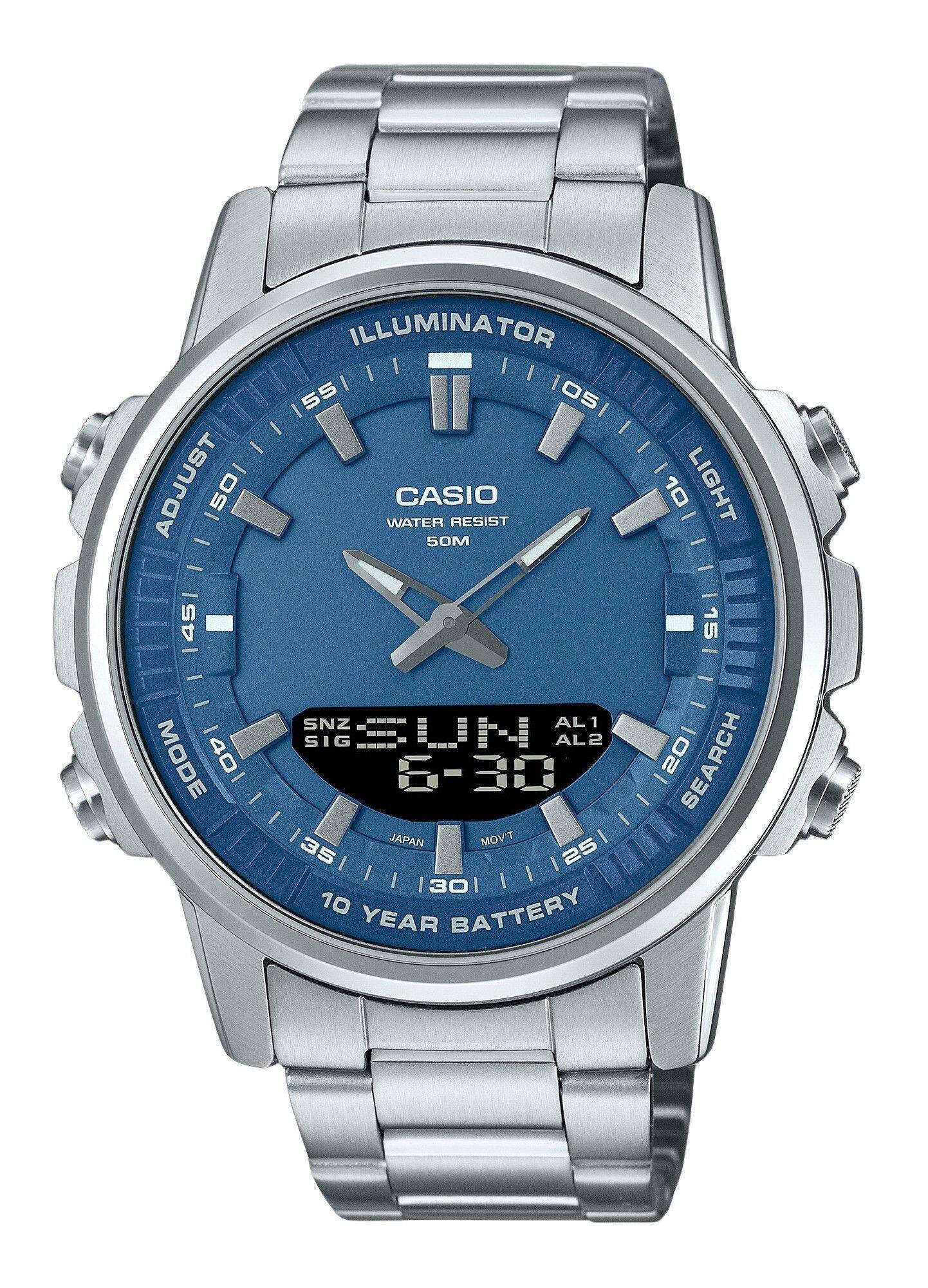 Casio - Analog Digital Quartz AMW-880D-2A1V Combination Stainless Steel Blue Dial Men's Watch - Silver, Blue