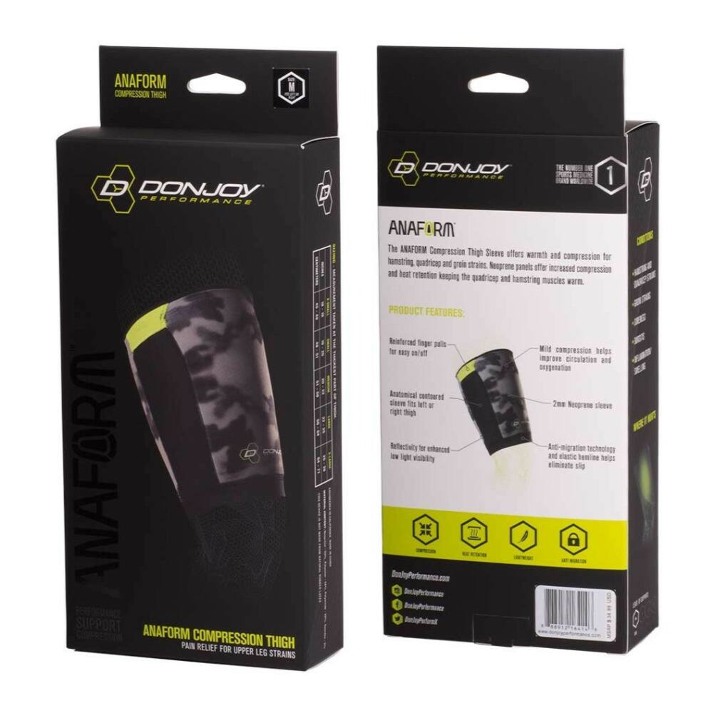 ANAFORM COMPRESSION THIGH  
DONJOY PERFORMANCE  

The ANAFORM Compression Thigh Sleeve offers warmth and compression for hamstring, quadriceps and groin strains. Negrprene panels offer increased compression and heat retention keeping the quadriceps and hamstring muscles warm.  

PRODUCT FEATURES:  
- Reinforced finger pulls for easy on/off  
- Mild compression helps improve circulation and oxygenation  
- Anatomical contoured sleeve sits left or right thigh  
- 2mm Negrprene sleeve  
- Reflectivity for enhanced low light visibility  
- Anti-migration technology helps eliminate slip  

ANAFORM SUPPORT  
ANAFORM COMPRESSION THIGH  
PAIN RELIEF FOR UPPER LEG STRAINS  

DonJoyPerformance.com