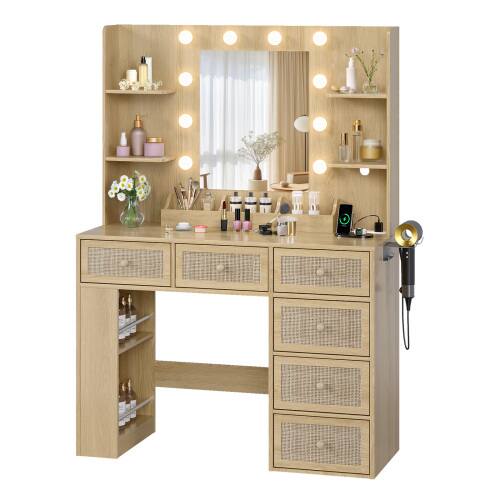 Alt View 1. Winado - 6 Drawers Vanity Dressing Table Wooden LED Light Mirror Power Port, Hidden Storage Side Shelves Xmas Gift - Burlywood.