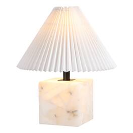 Jonathan Y - Hermin 16.5 in. Geometric Sculptural Alabaster Cube Metal LED Table Lamp with Nightlight Base and Pleated Shade - White
