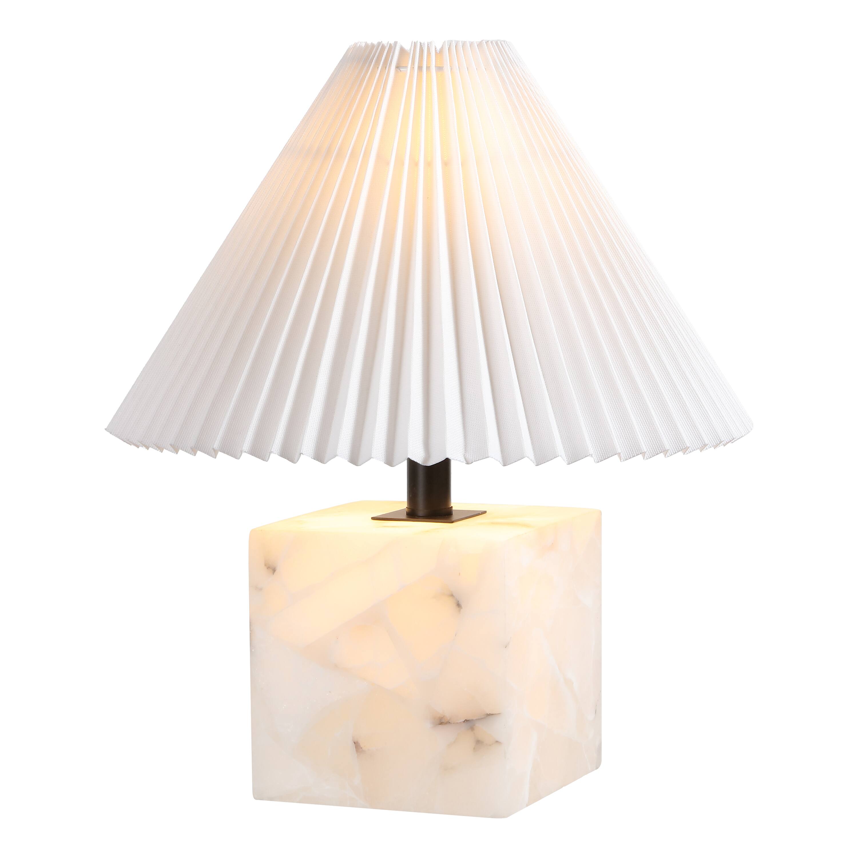 Front. Jonathan Y - Hermin 16.5 in. Geometric Sculptural Alabaster Cube Metal LED Table Lamp with Nightlight Base and Pleated Shade, White - White.