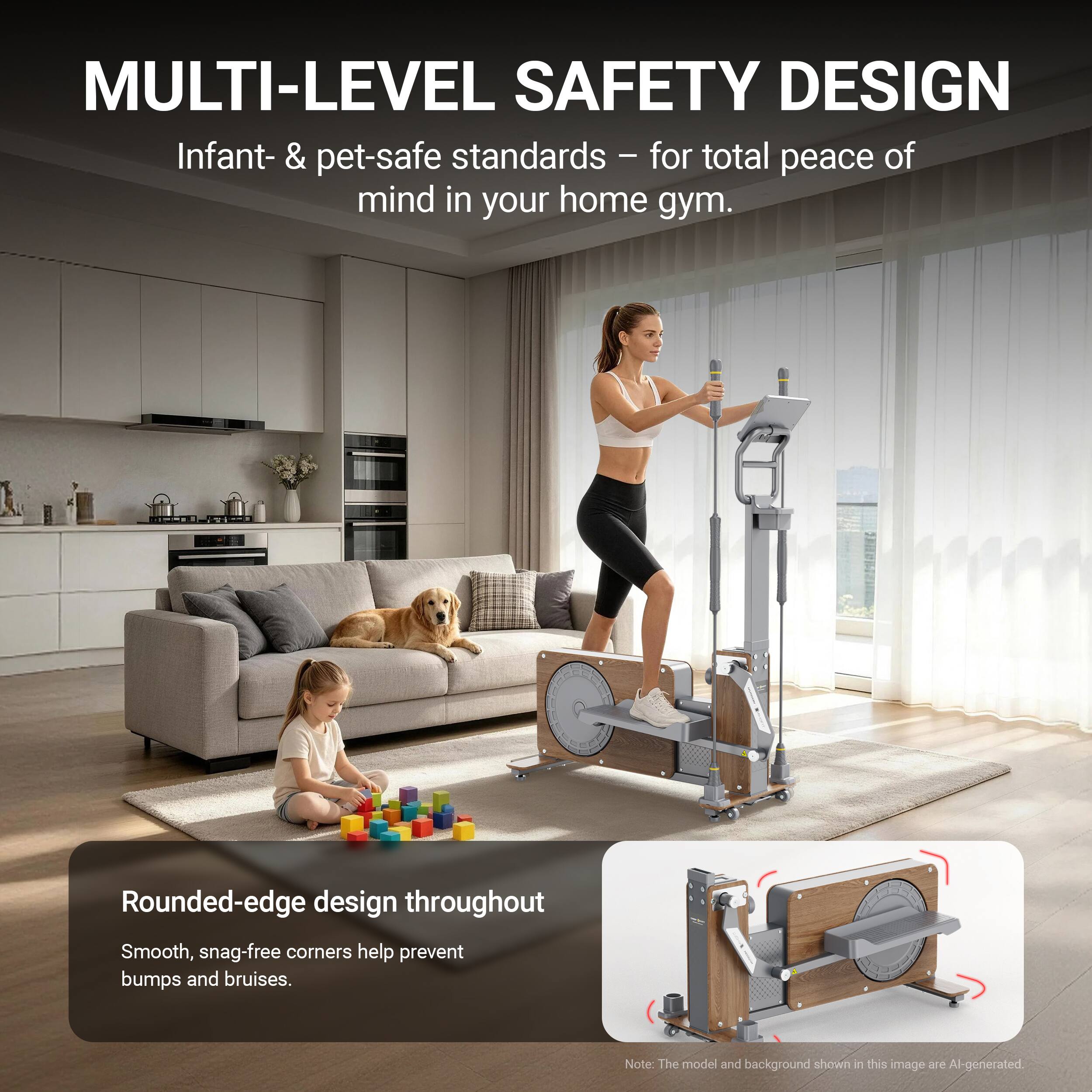 MULTI-LEVEL SAFETY DESIGN  
Infant- & pet-safe standards - for total peace of mind in your home gym.  

Rounded-edge design throughout  
Smooth, snag-free corners help prevent bumps and bruises.  

Note: The model and background shown in this image are AI-generated.
