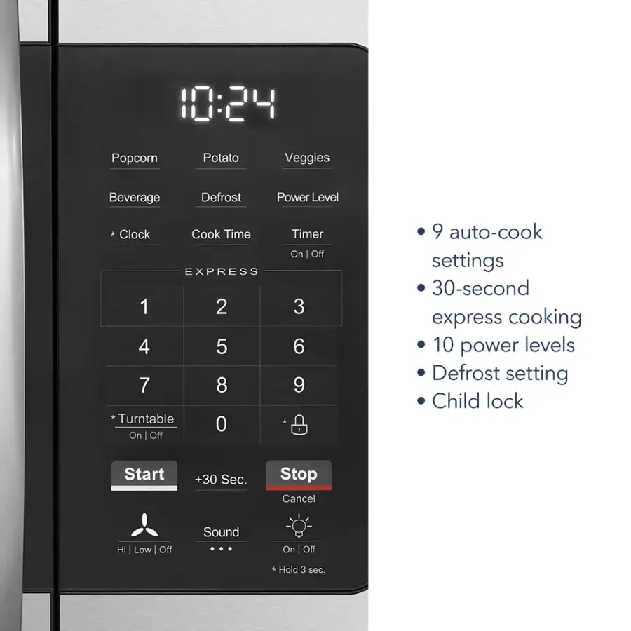 The image shows a microwave with a digital display that reads 10:24. The display also shows options for popcorn, potato, and veggies, as well as a beverage setting. The microwave has a defrost setting and a power level setting, and it features a clock and a timer. Additionally, the microwave has an auto-cook setting with 30-second express cooking and 10 power levels. There is also a turntable option and a defrost setting. The microwave has a child lock feature, and it can be used to play sounds.
