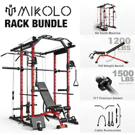 Mikolo - Power Rack Cage, 1500 lbs Weight Rack with Cable Crossover Machine, Multi-Function Squat Rack - Red