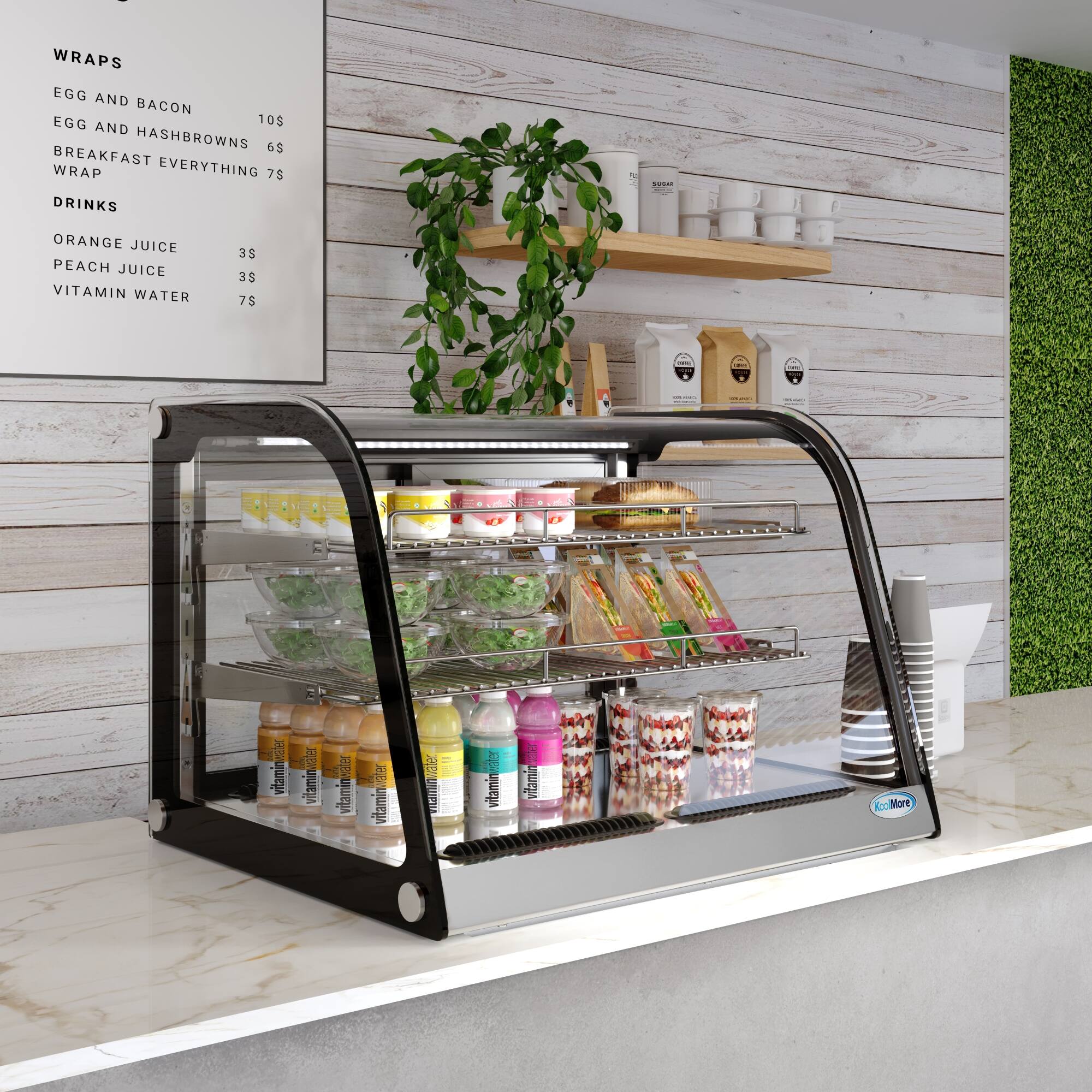 Wraps: Egg and Bacon, Egg and Hashbrowns, Breakfast Wrap (Everything), Drinks - Orange Juice, Peach Juice, Vitamin Water (3 for $78).