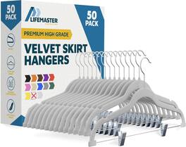 Lifemaster - Velvet Skirt Hangers – Adjustable Clips, Swivel Hook, Non-Slip Notch, Holds 10 lbs, Pack of 50 - White