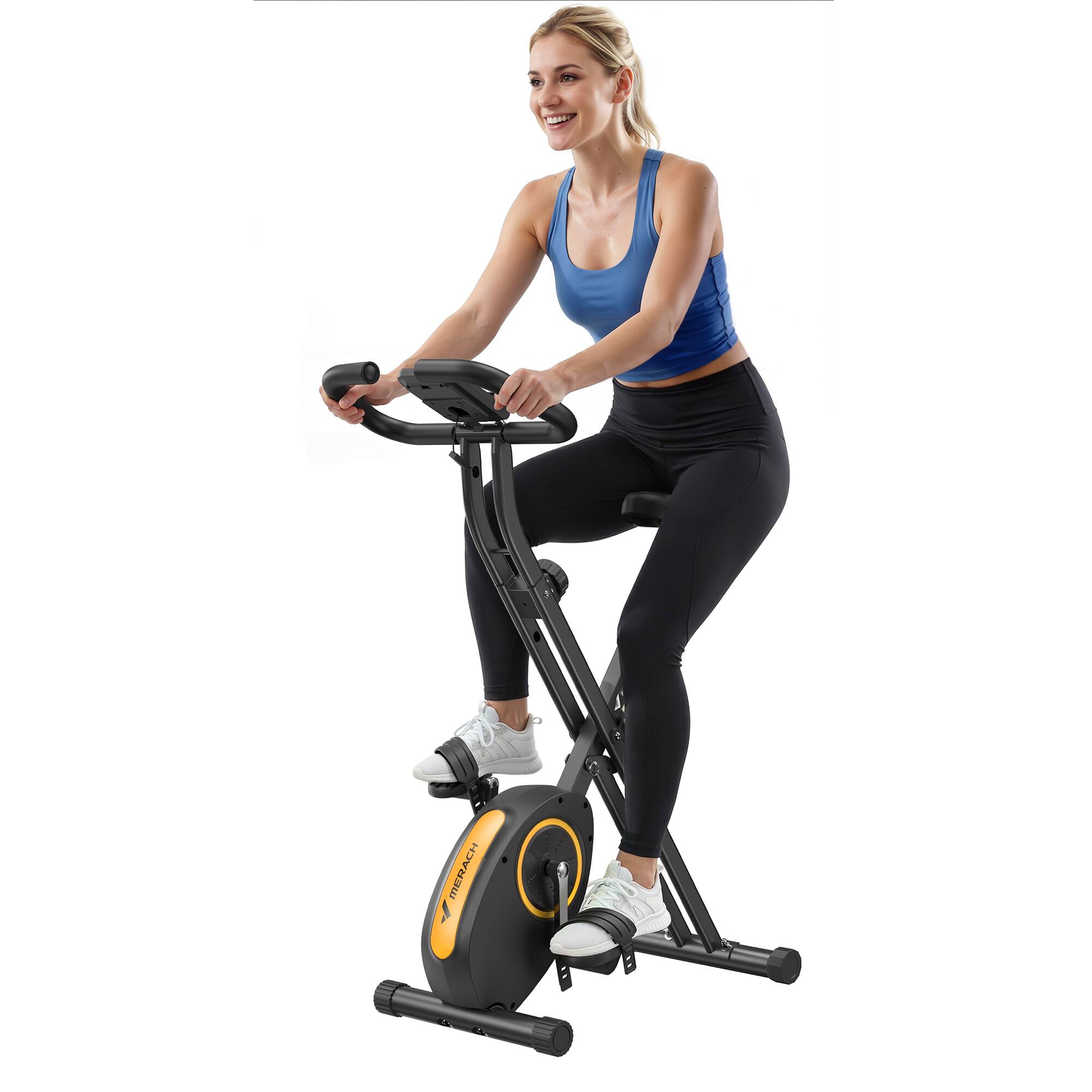 Angle. MERACH - MERACH Folding Magnetic Exercise Bike with LCD Display, Comfortable Seat, Space Saving, Cardio Training, 300 lbs - Orange.
