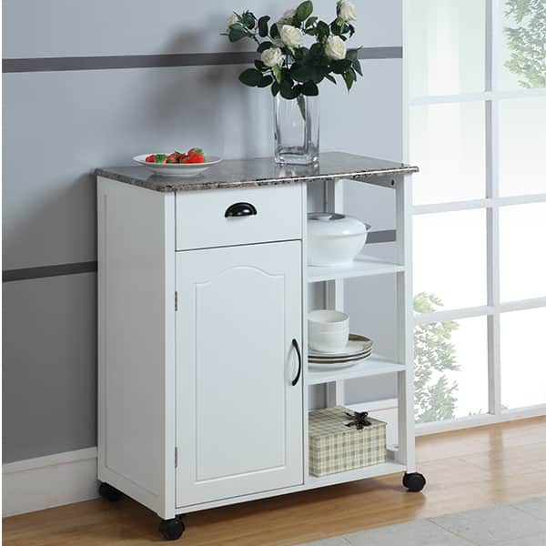 Kings Brand Furniture - Finish Wood & Marble Vinyl Top Kitchen Storage Cabinet Cart - White