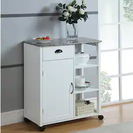 Kings Brand Furniture - Finish Wood & Marble Vinyl Top Kitchen Storage Cabinet Cart - White