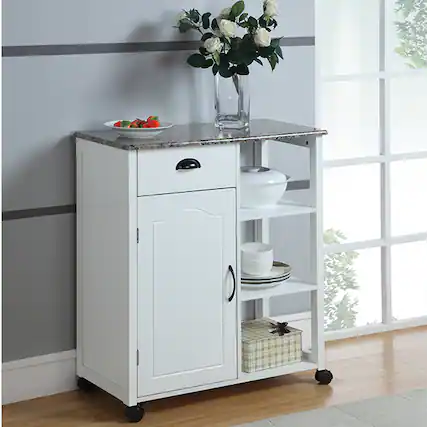 Front. Kings Brand Furniture - Kings Brand Furniture - White Finish Wood & Marble Vinyl Top Kitchen Storage Cabinet Cart - White.