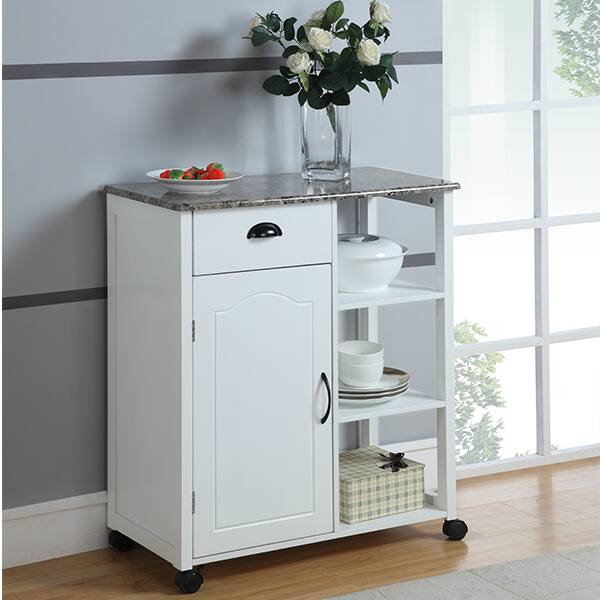 Front. Kings Brand Furniture - Kings Brand Furniture - White Finish Wood & Marble Vinyl Top Kitchen Storage Cabinet Cart - White.