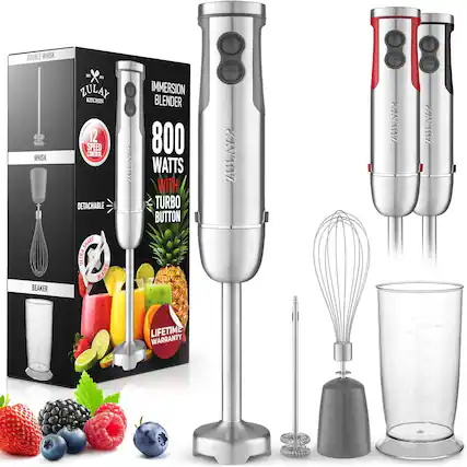 **ZULAY KITCHEN IMMERSION BLENDER**
- **800 WATTS WITH TURBO BUTTON**
- **12 SPEED CONTROL**
- **DETACHABLE BEAKER**
- **LIFETIME WARRANTY**
**Features:**
- DOUBLE WHISK
- WHISK
- BEAKER
- ULTRA SHARP BLADES
**Included:**
- Immersion Blender
- Whisk
- Beaker
- Turbo Button
**Specifications:**
- 800 Watts
- 12 Speed Control
- Detachable Beaker
- Ultra Sharp Blades
- Lifetime Warranty
**Colors Available:**
- Silver
- Red
**Capacity:**
- Up to 500 ml
**Additional Accessories:**
- Whisk
- Beaker
**Lifetime Warranty:**