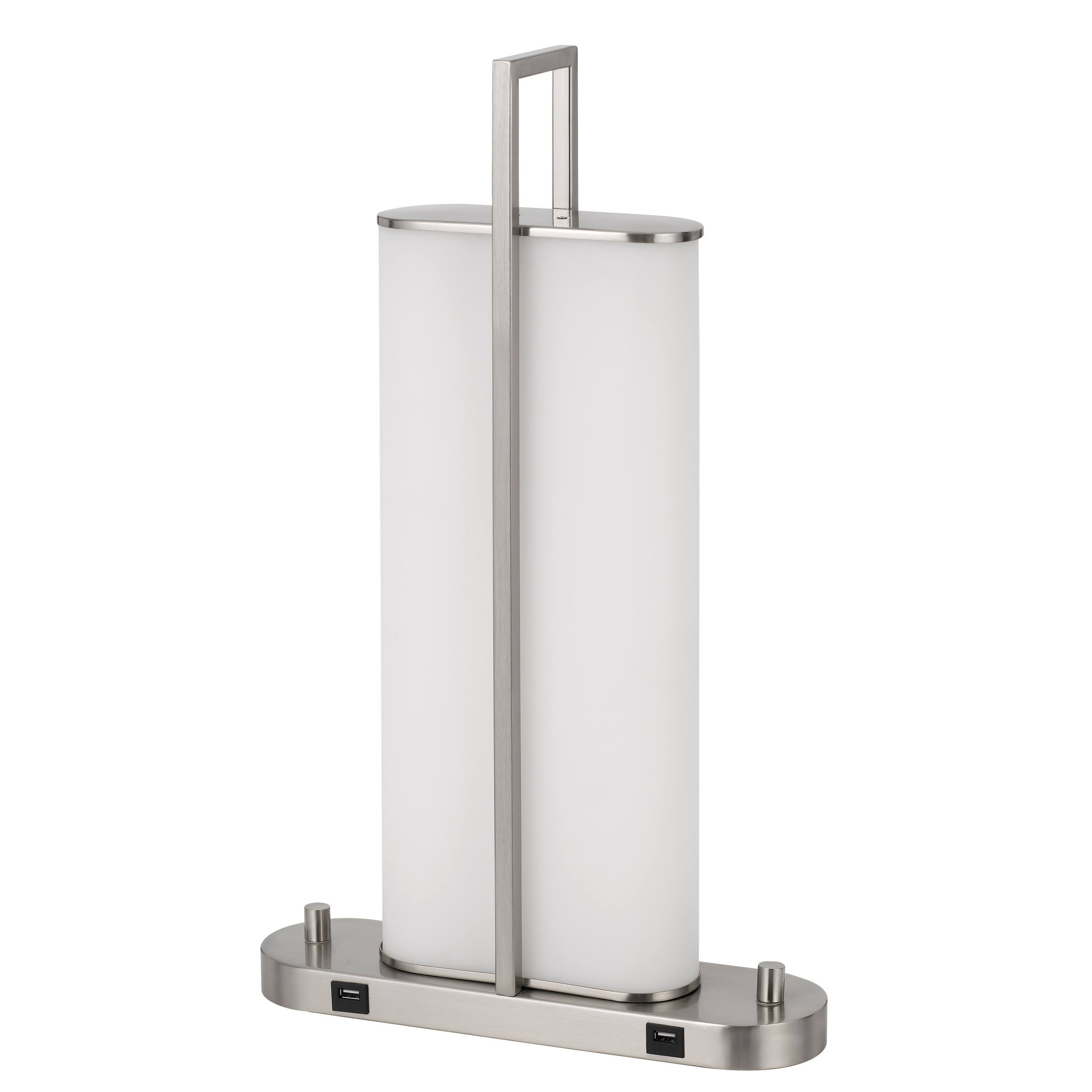 Front. Manhattan Lane - Mora Table Lamp Acrylic Shade, 2 USB, LED Lights, Chrome Steel 23 Inch - Silver, White.