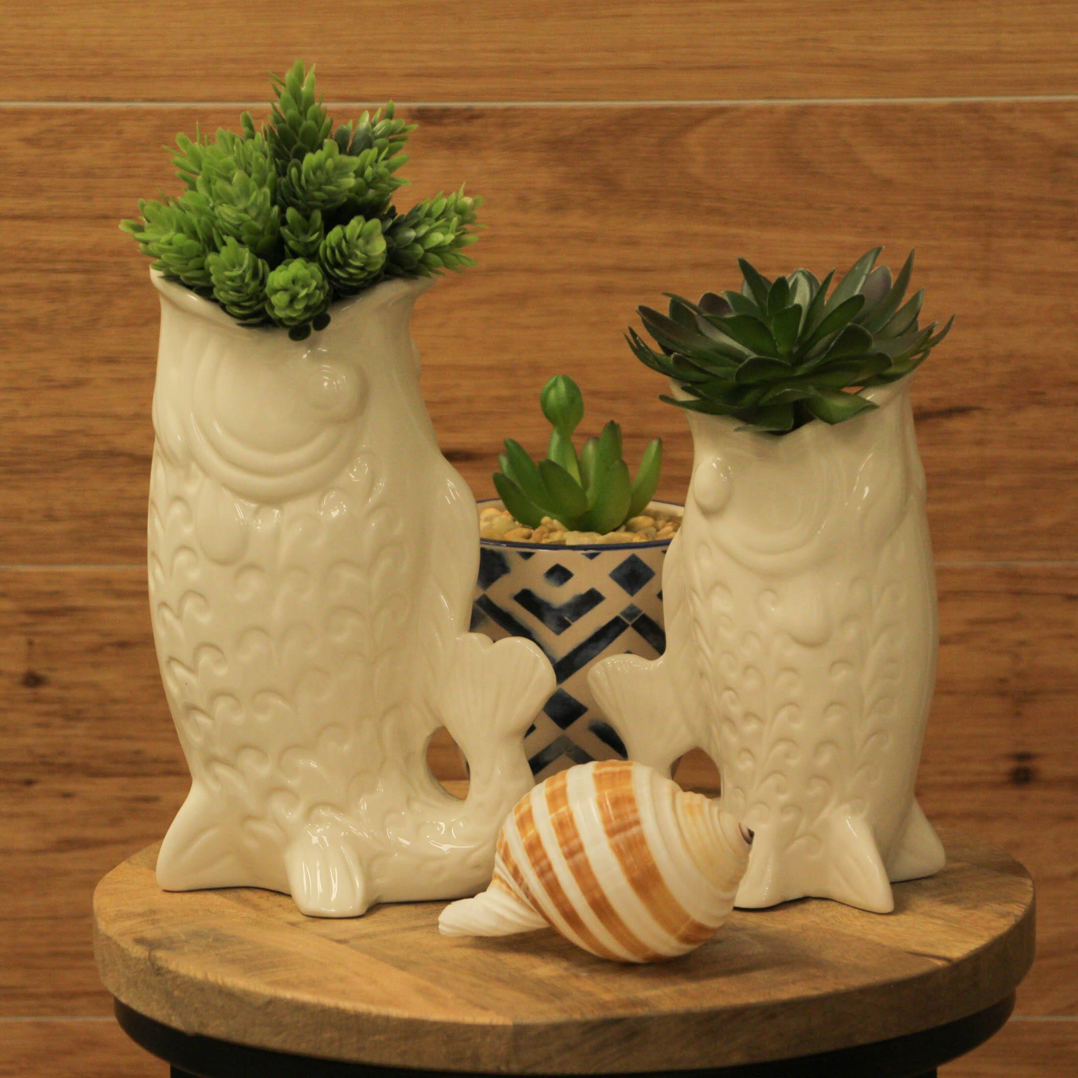 Alt View 3. Zeckos - White Fish Decorative Vases Set of 2 Ceramic Coastal Tabletop 8.5in and 7in - White.